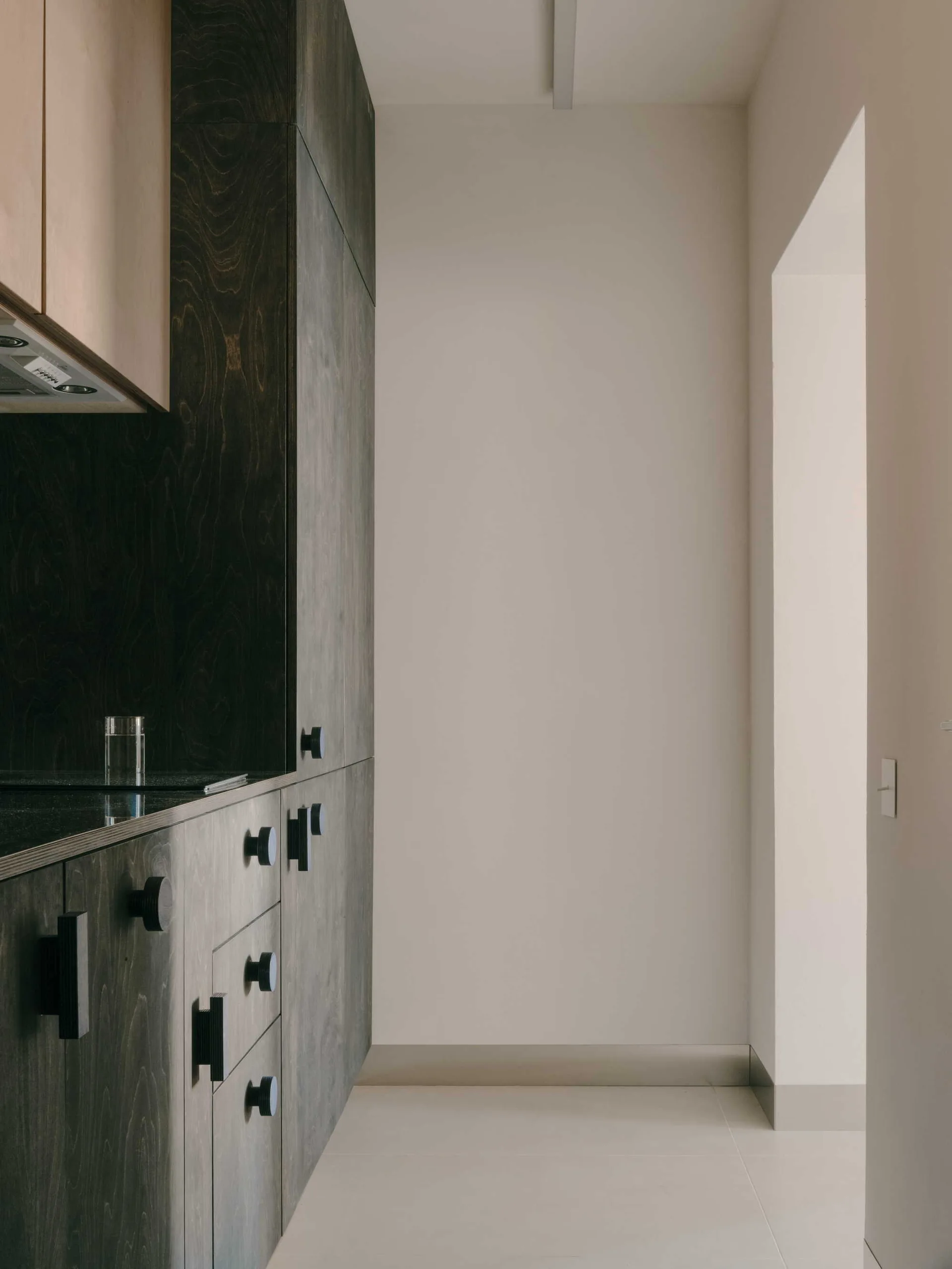 Minimalist dark wood cabinets with black geometric knobs stand next to an off-white hallway.