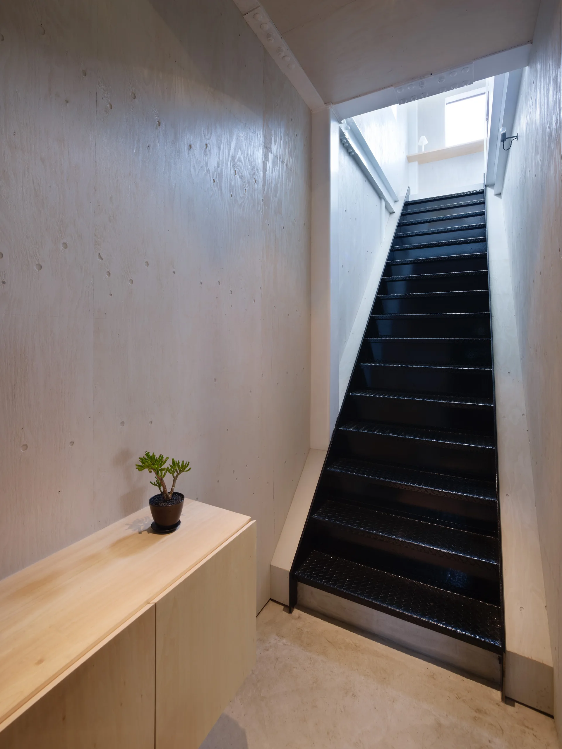 A black industrial metal staircase is flanked by light plywood walls next to a simple wood cabinet with a small potted plant on top.