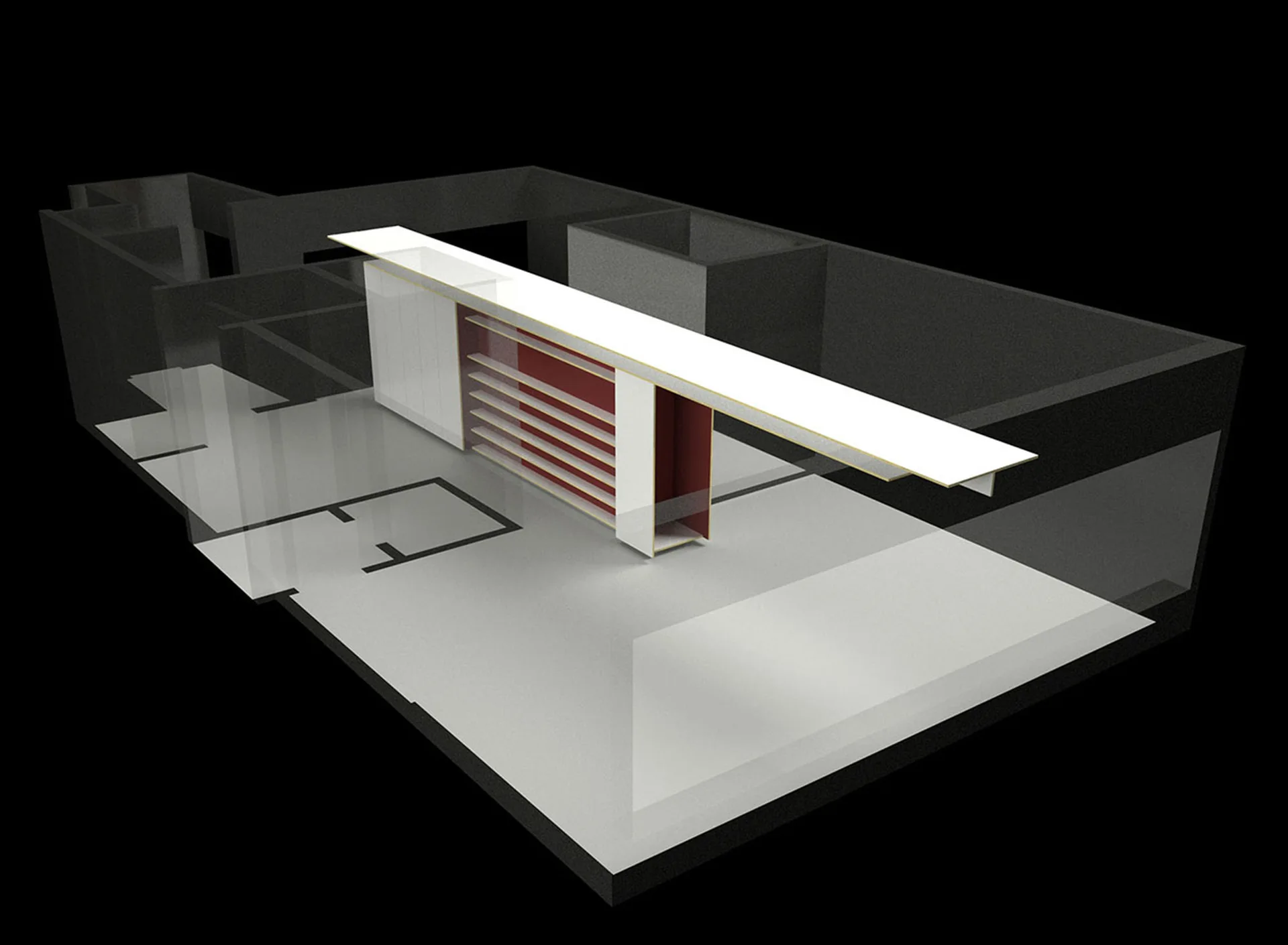 A 3D architectural rendering of a modern white kitchen island with an extended cantilevered countertop and red-lined open shelving.