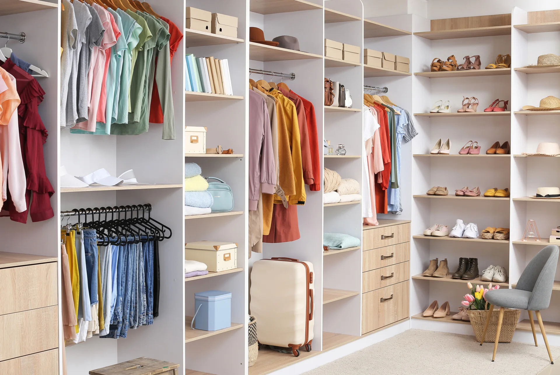 A modular walk-in closet features white shelving with wood-tone accents, filled with organized clothes on hangers, stacked shoes, and a grey chair.