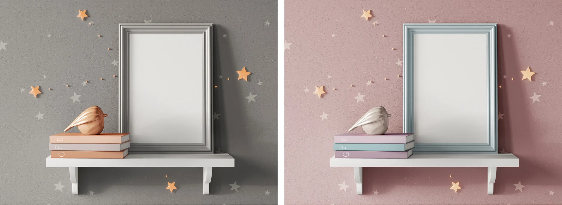 A split screen shows a white floating shelf on grey and pink star-patterned walls, each styled with an empty picture frame, books, and a bird figurine.