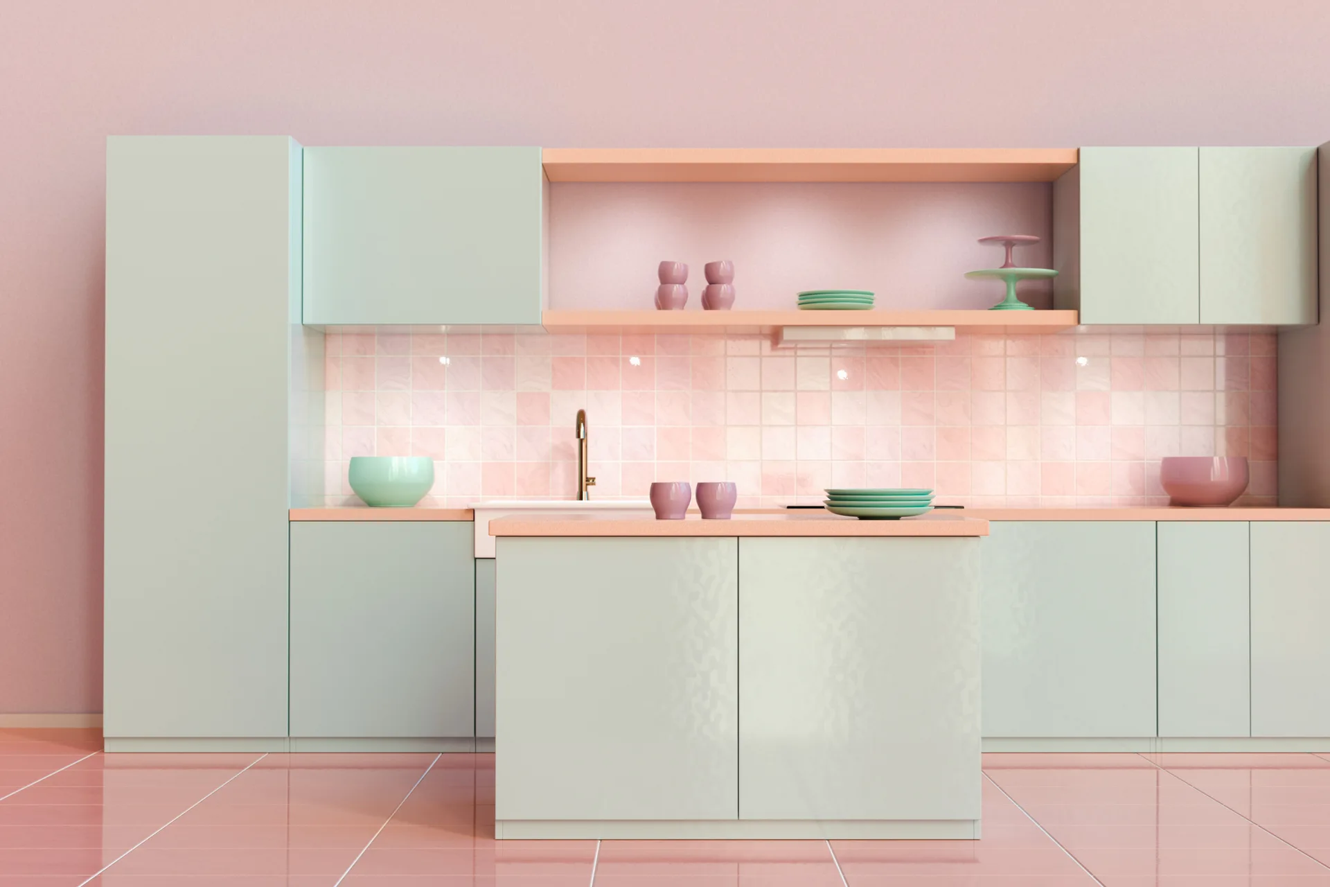 A symmetrical modern kitchen featuring pastel mint green cabinets, a glossy pink tile backsplash, peach countertops, and a matching kitchen island.
