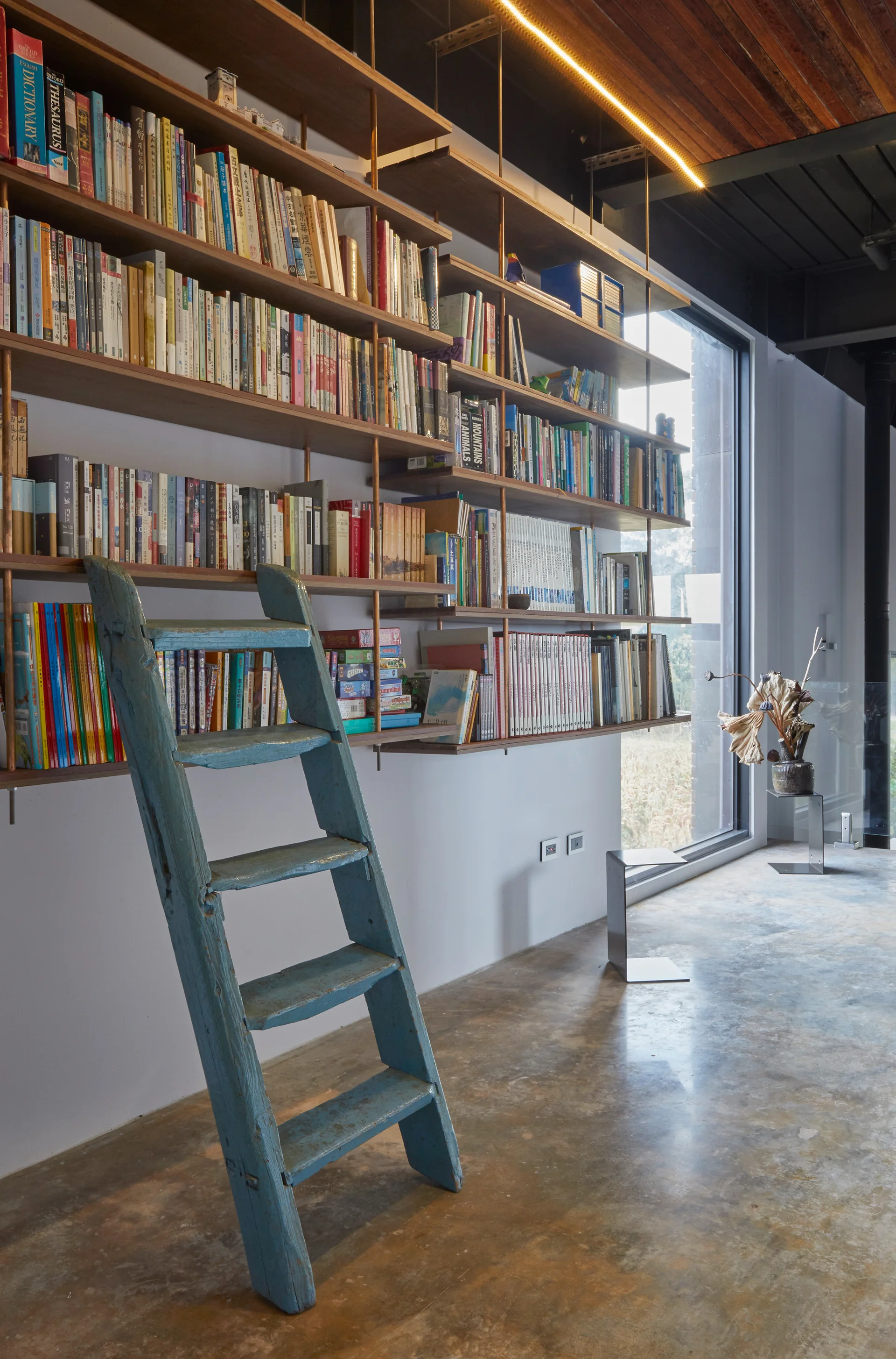 A wall-mounted wooden bookcase filled with books features a rustic blue wooden ladder leaning against it in a room with concrete floors.