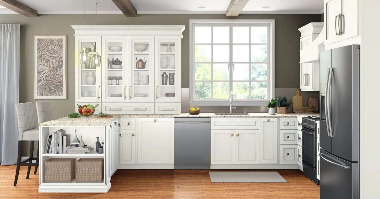 A kitchen featuring white shaker cabinets, a granite peninsula with built-in open shelving, stainless steel appliances, and dark wood ceiling beams.
