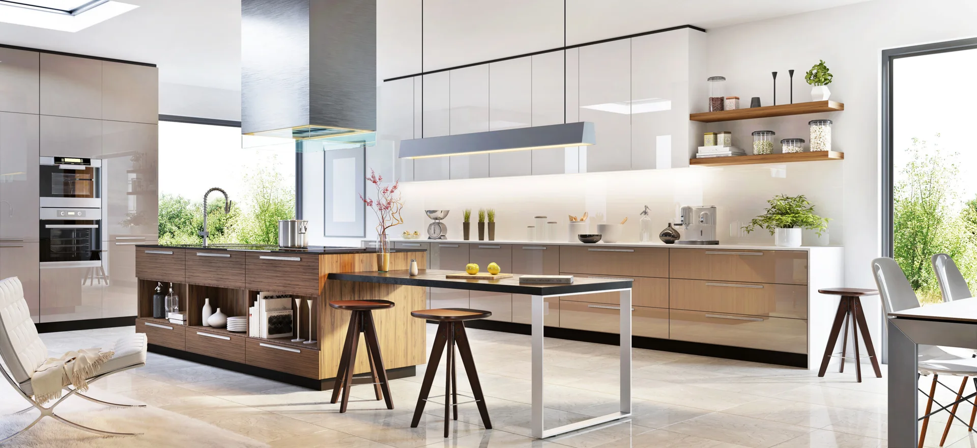 A modern open-plan kitchen features a large wood-wrapped island with bar stools, glossy white and beige cabinetry, and a stainless steel range hood.