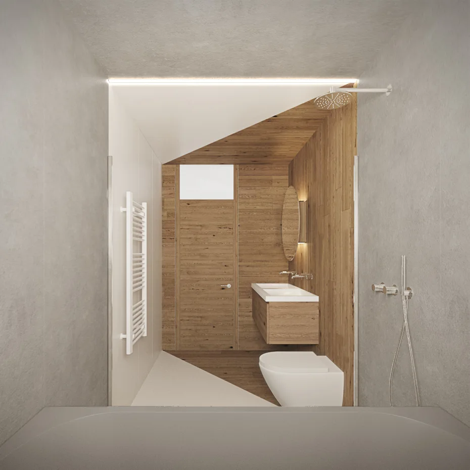 A modern bathroom features a wood-paneled alcove with a floating vanity, a wall-hung toilet, and contrasting grey concrete-finished walls.