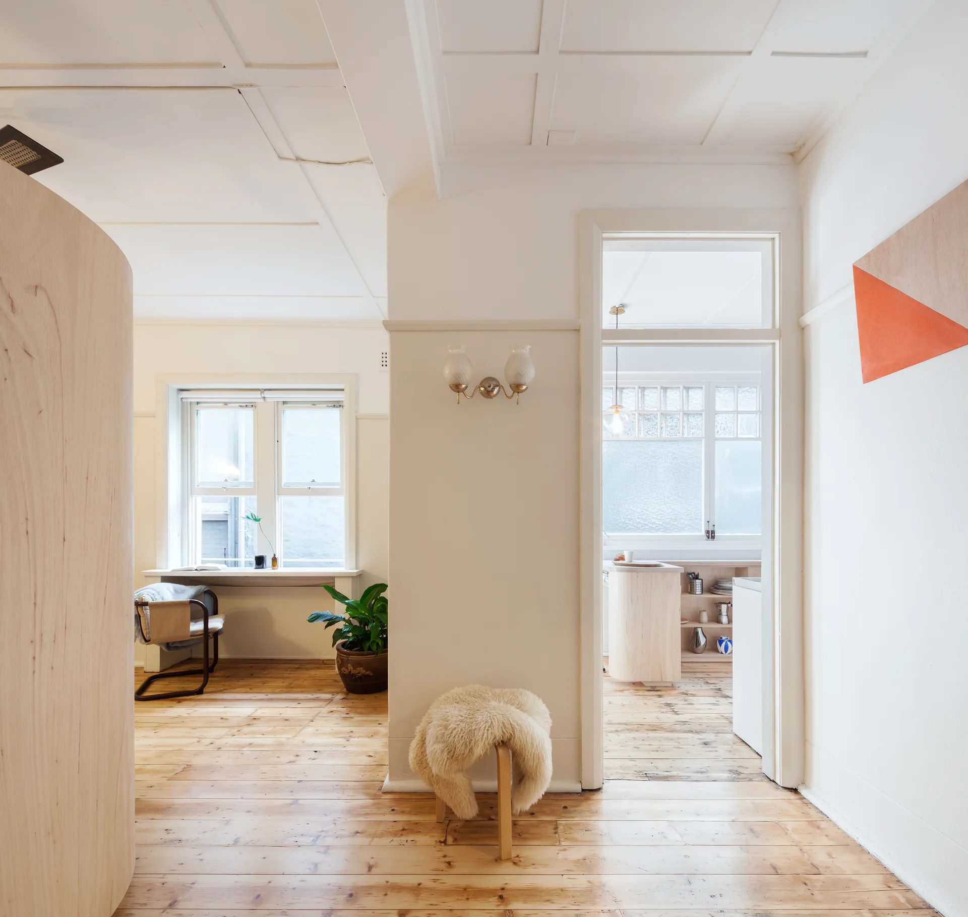 A light-filled hallway with natural timber floors features a curved plywood divider, a coffered ceiling, and a doorway leading into a kitchen.