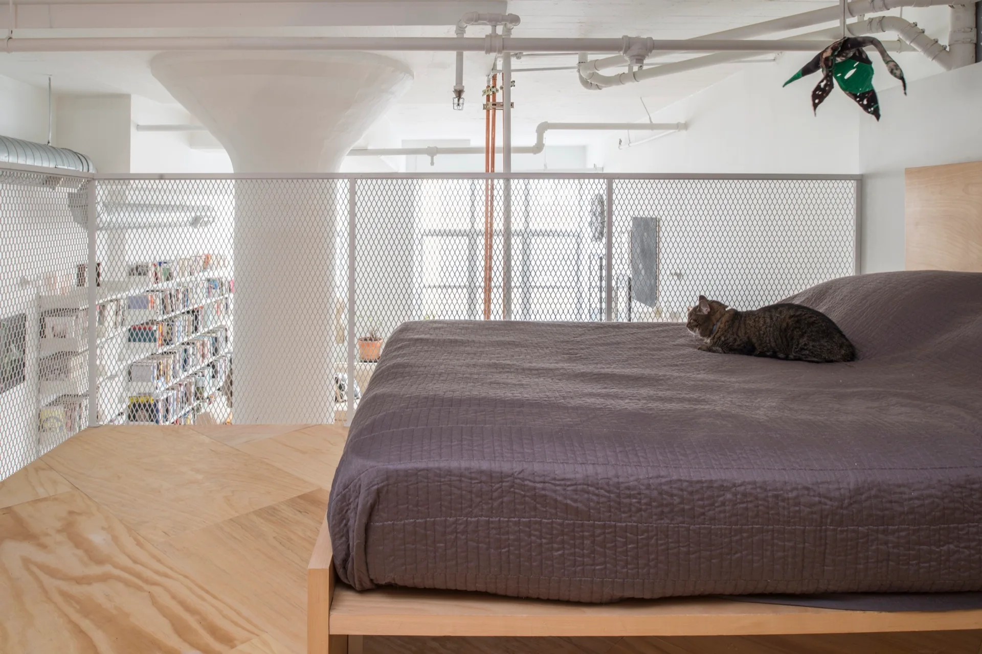 An elevated loft bedroom features a low wooden platform bed with charcoal bedding next to a white metal mesh railing and exposed pipes.
