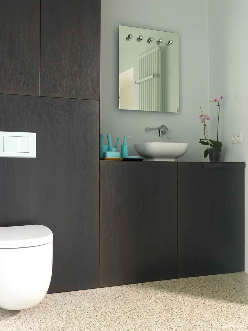 A modern powder room features a dark wood built-in vanity, a wall-mounted toilet, a white vessel sink, a rectangular mirror, and pale mint walls.