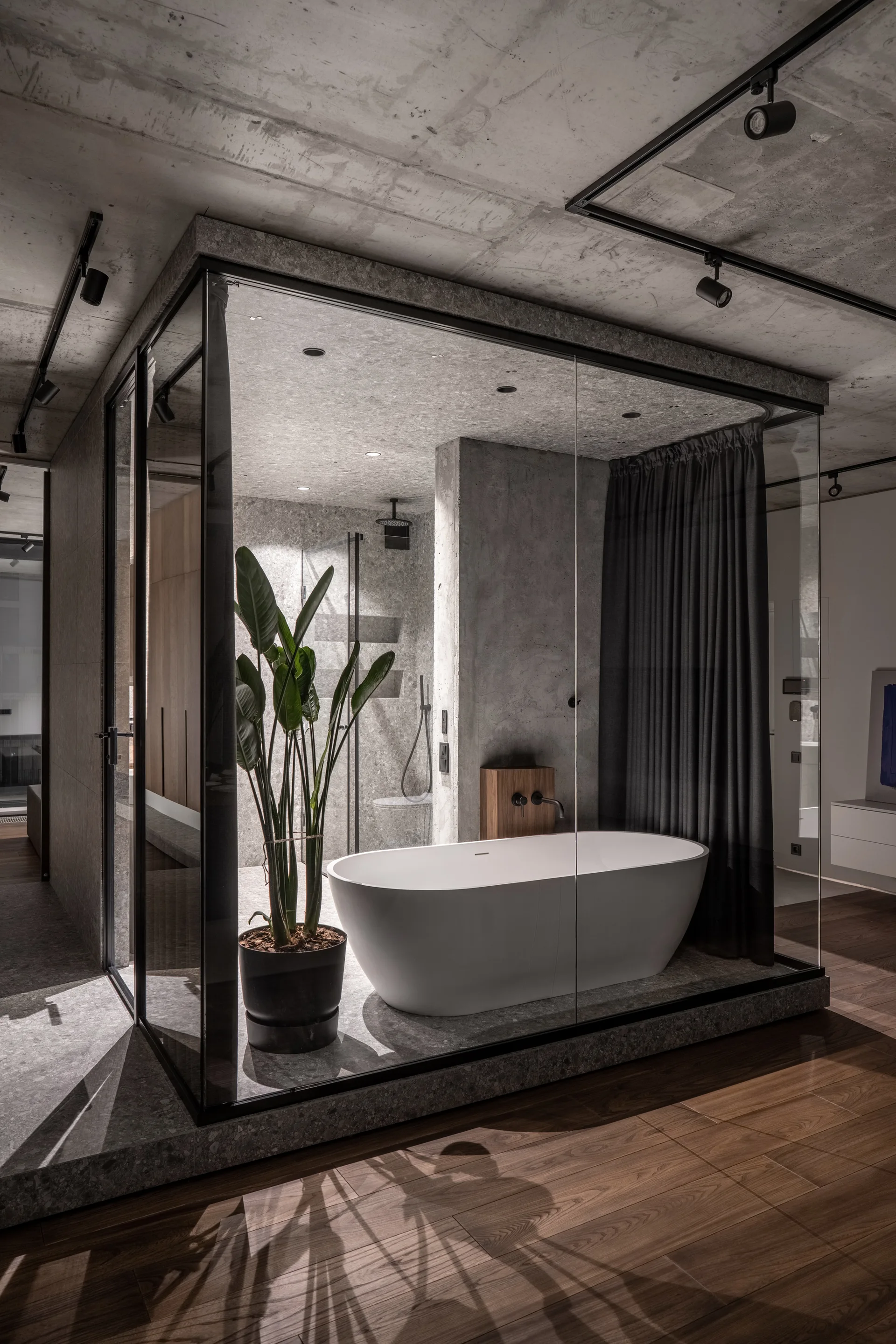 A modern bathroom features a freestanding white bathtub inside a glass enclosure alongside a tall potted plant and exposed concrete ceiling.