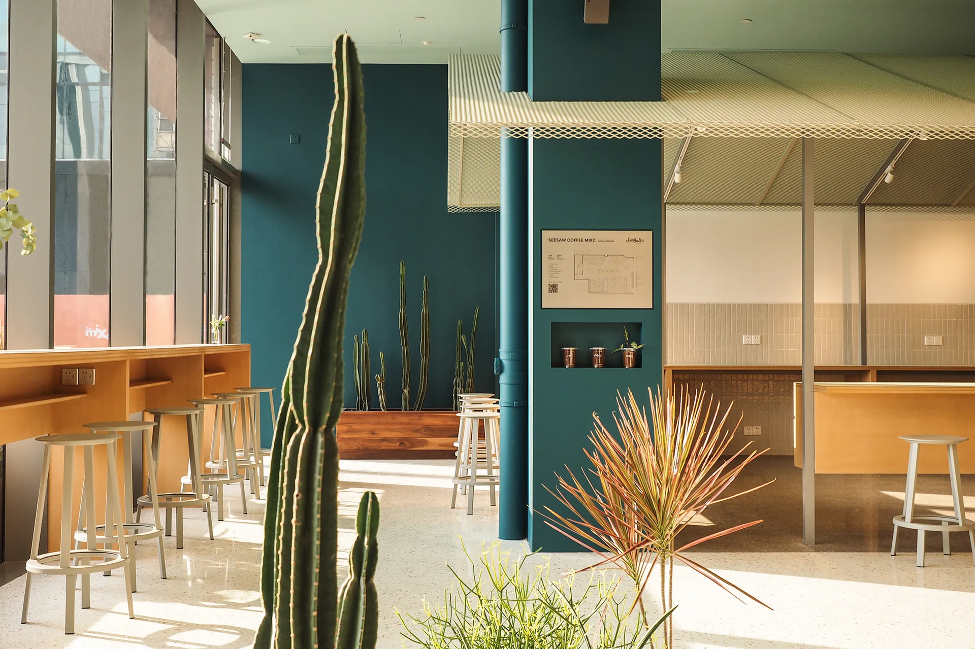 A modern cafe interior features a light wood bar with tall stools, deep teal accent walls, and potted cacti on a terrazzo floor.