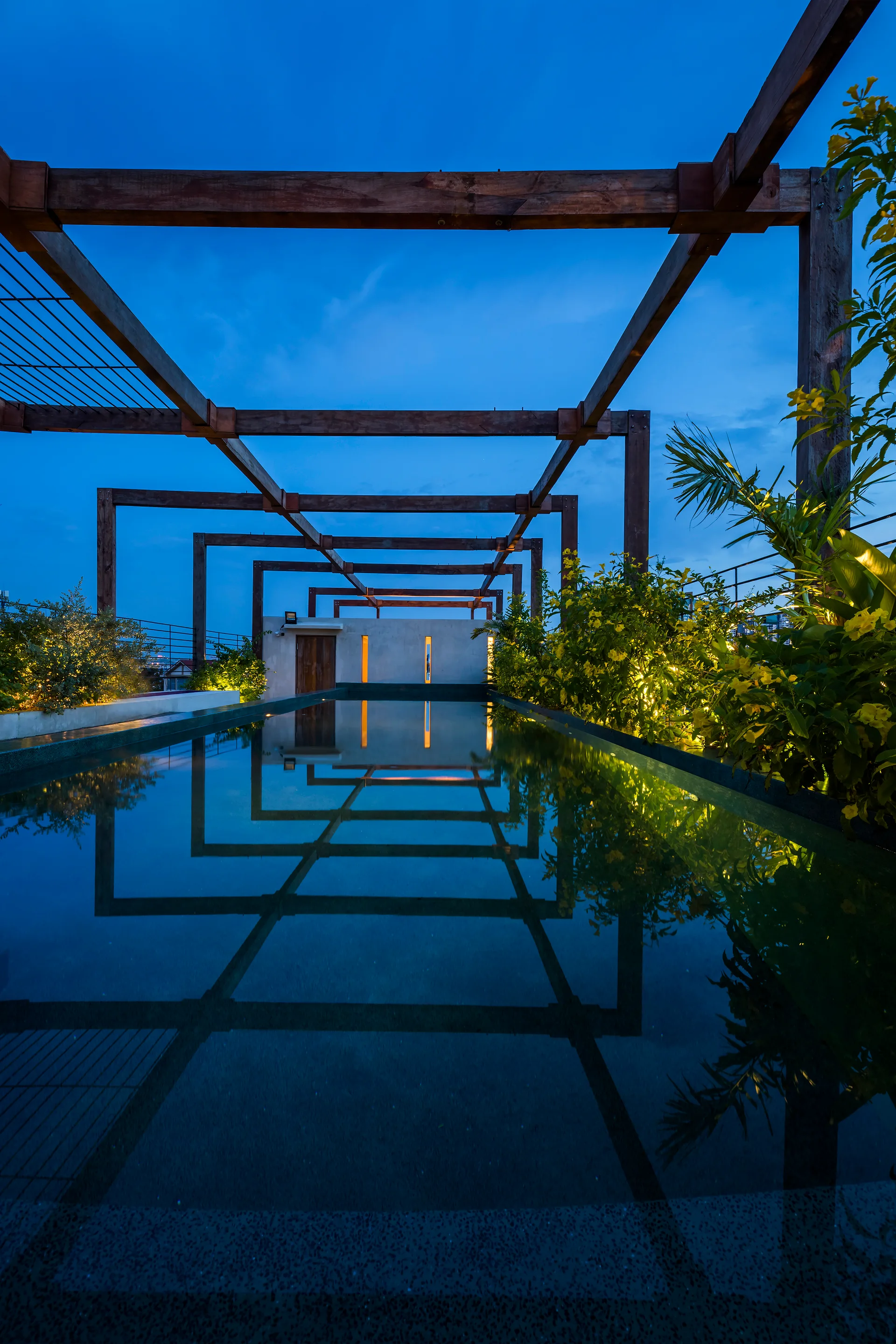 An outdoor lap pool under a wooden pergola structure at dusk with glowing landscape lights illuminating tropical plants.