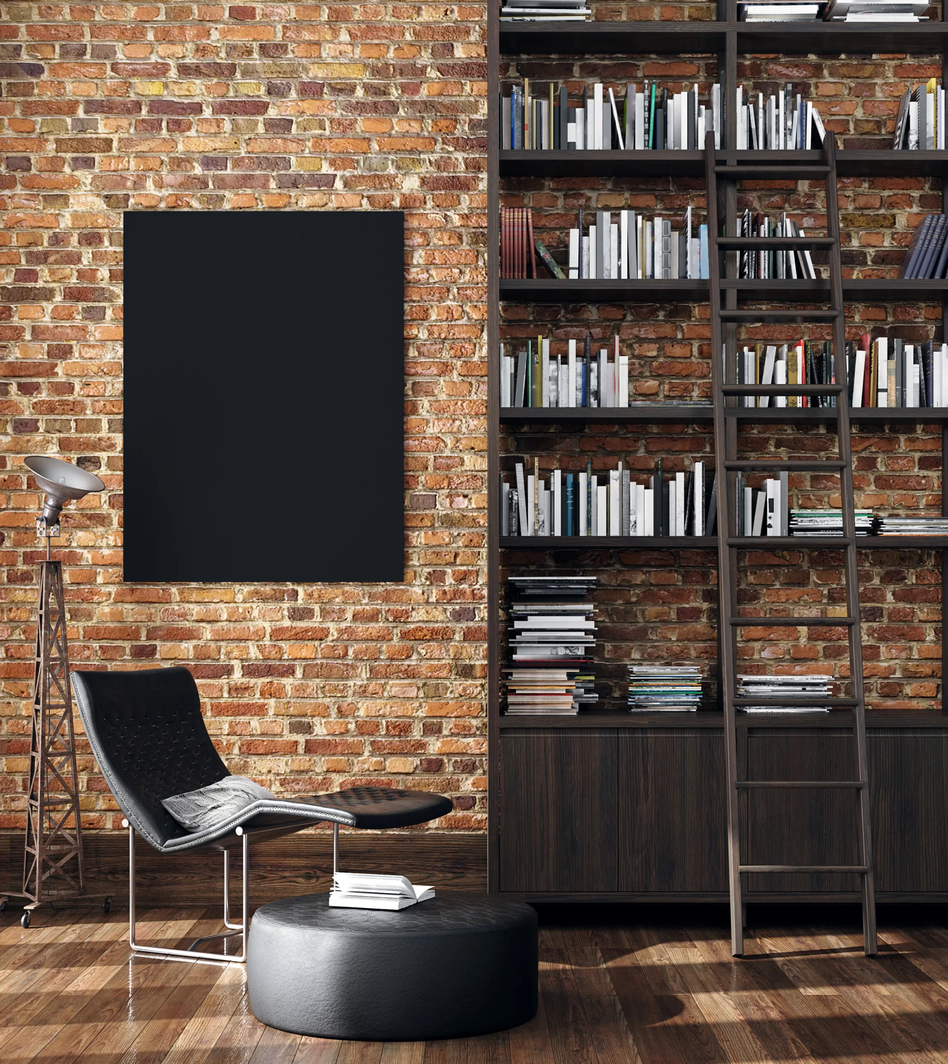 A home library featuring a tall dark wood bookcase with a ladder against an exposed brick wall next to a black leather armchair.
