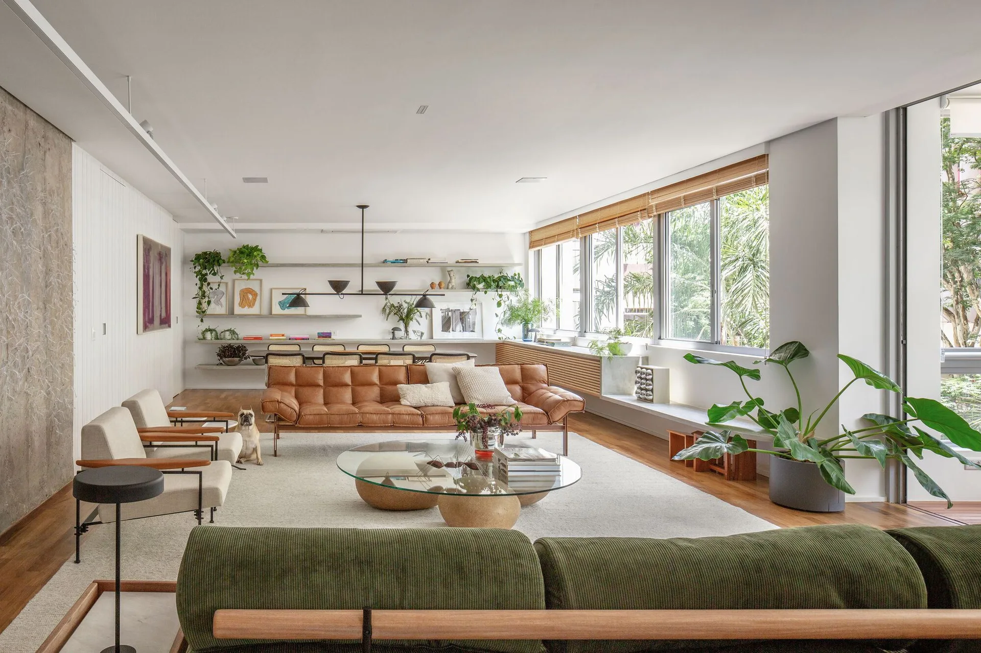 A sunlit open-concept living room features a tan leather sofa, a round glass coffee table, and long floating shelves decorated with art and plants.