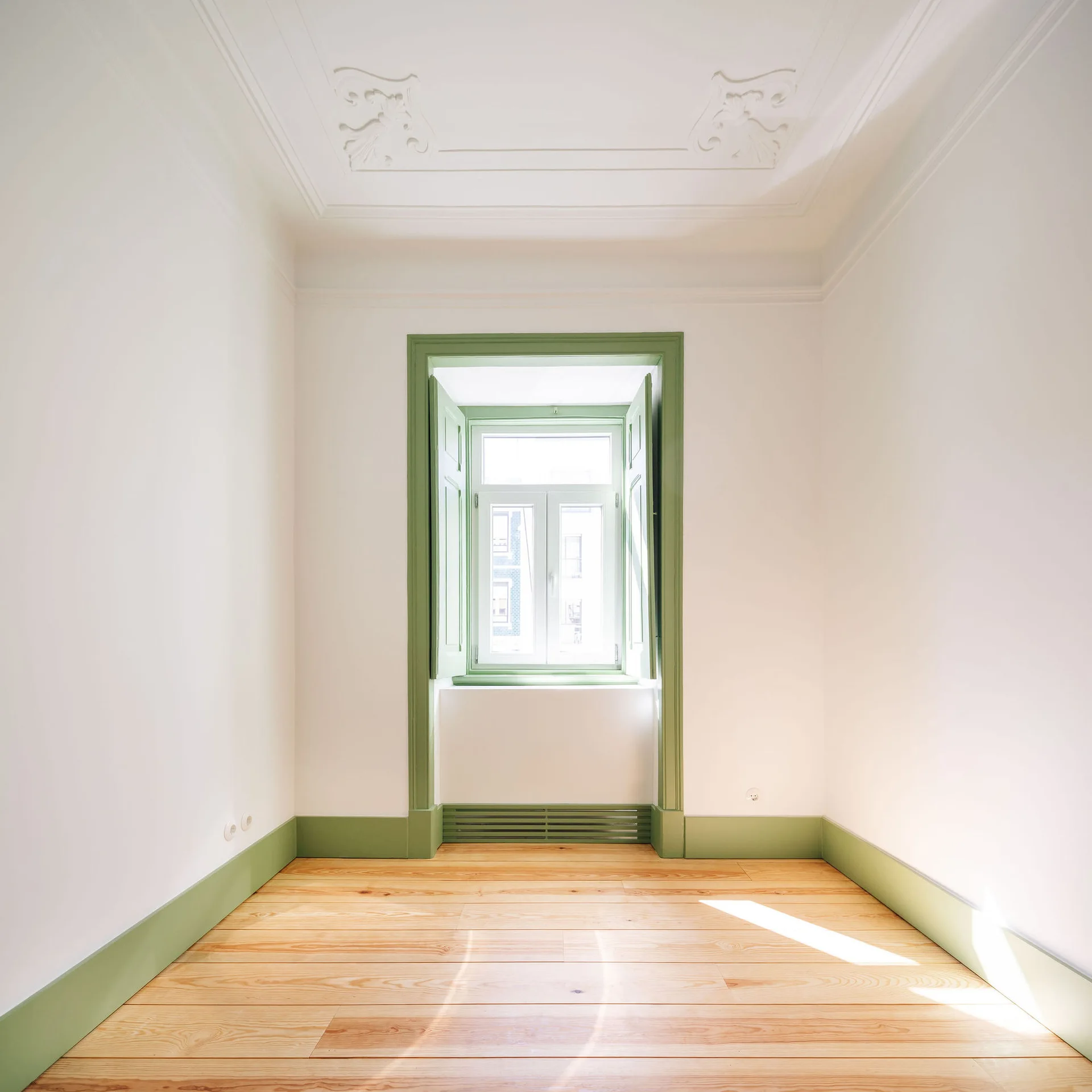 An empty room with light wood floors, white walls, decorative ceiling moulding, and a window framed in sage green trim.