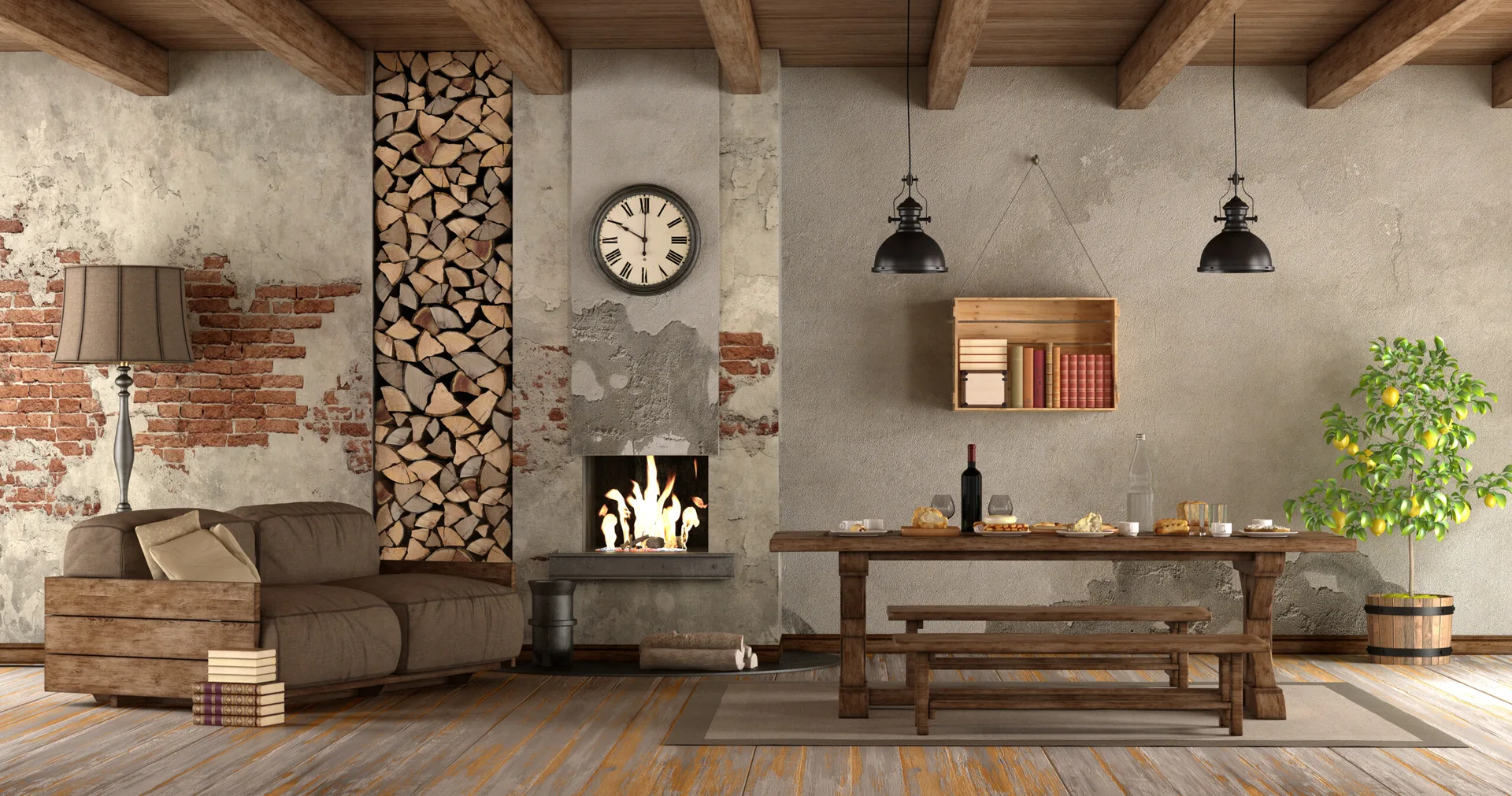 A rustic dining room features a wooden table and bench, a modern built-in fireplace, and a floor-to-ceiling vertical firewood niche.