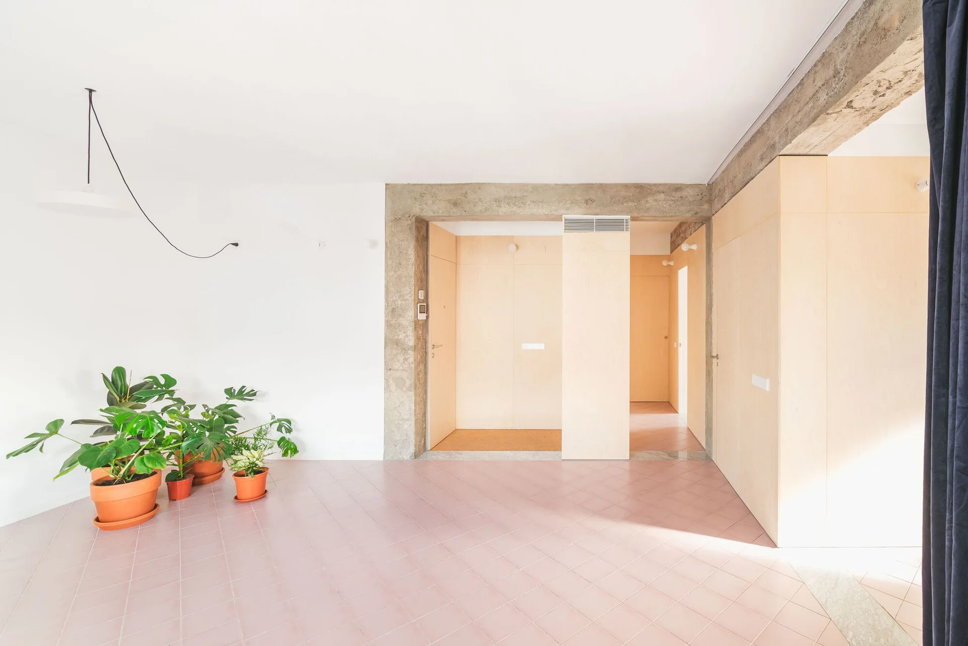 A minimalist entryway features diagonal pink floor tiles, light wood-paneled built-in storage, exposed concrete beams, and potted plants.