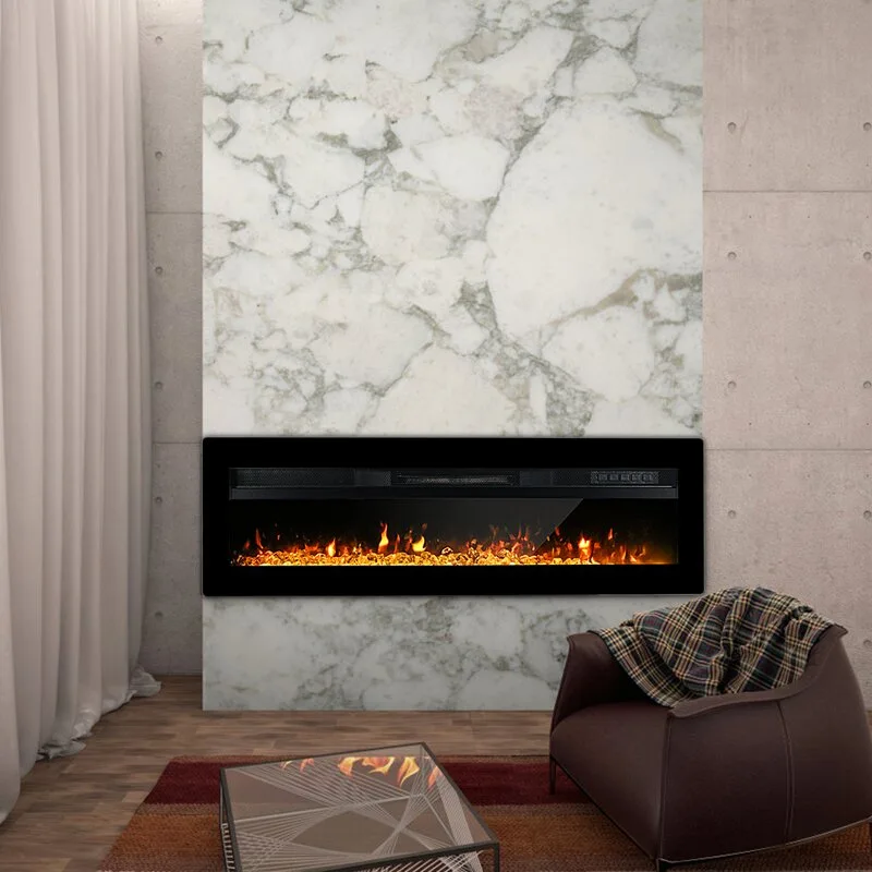 A black electric fireplace mounted on a white marble accent wall next to a brown leather armchair and light gray concrete panels.