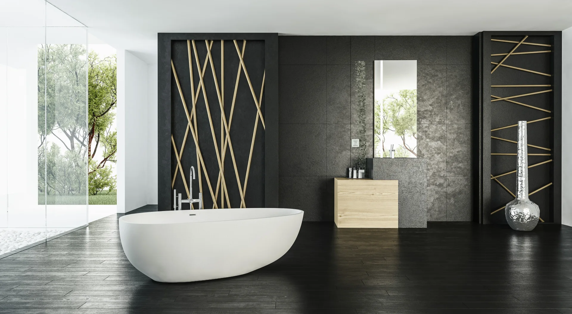 A modern bathroom featuring a white freestanding bathtub on dark wood floors, set against a dark grey tile wall with decorative gold geometric panels.