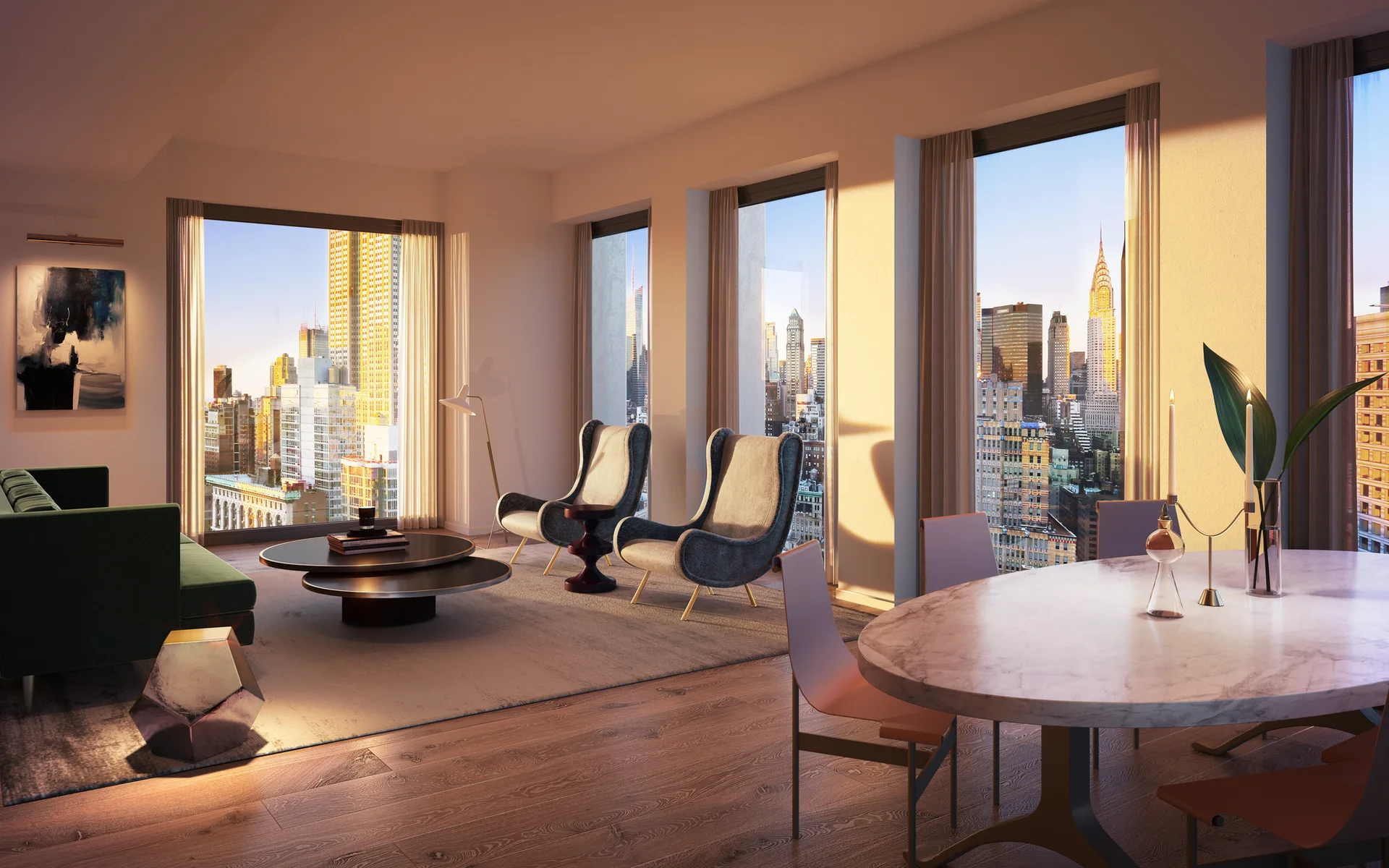 An open-concept living and dining room features dark green and blue-grey seating, a round marble dining table, and large windows overlooking skyscrapers.