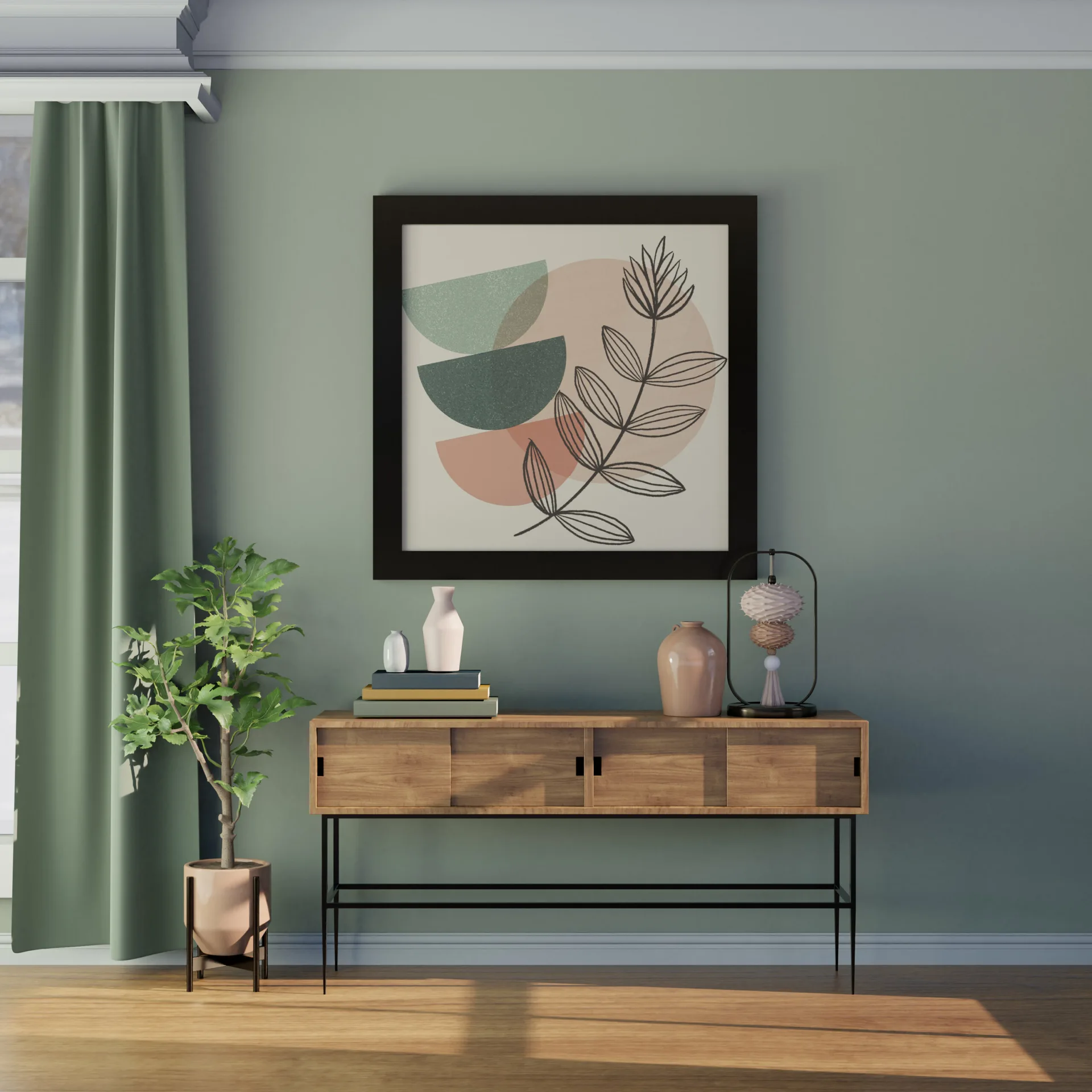 A mid-century wood console table decorated with vases stands against a sage green wall below a framed abstract botanical art piece.