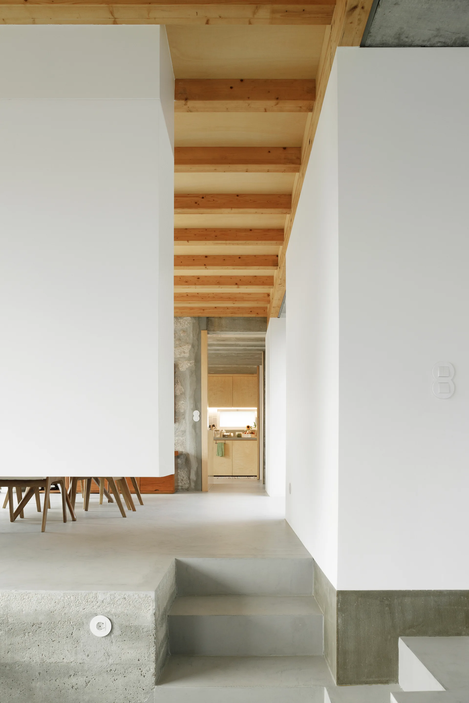 Concrete steps lead up into a minimalist white hallway with exposed wooden ceiling beams and a view of a wooden kitchen in the background.