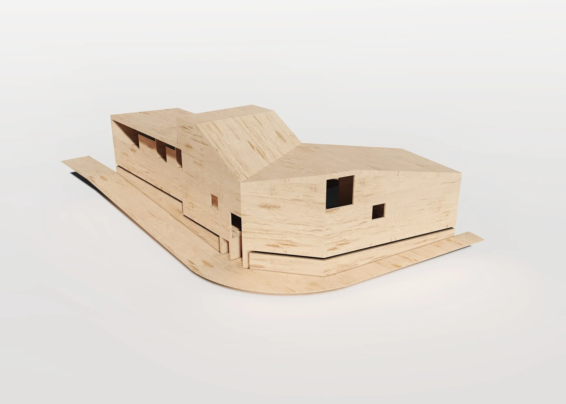 An architectural scale model of a modern geometric house crafted from light wood with cutout windows, resting on a white studio background.