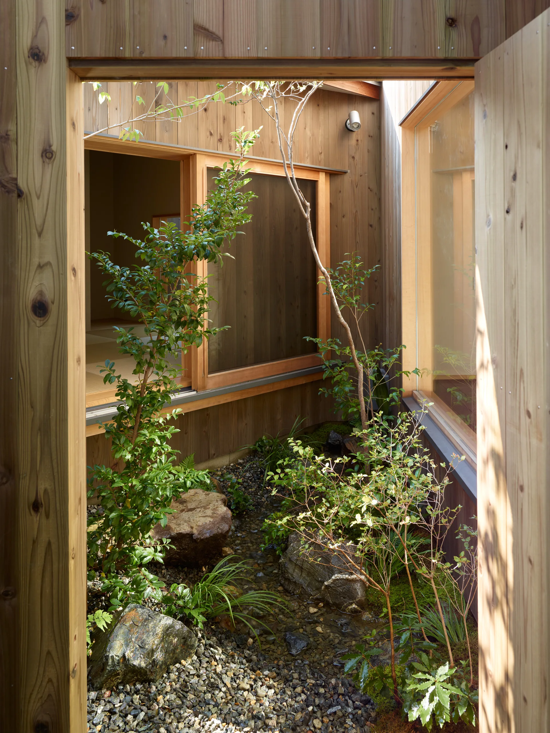 Looking through a wooden doorway into an enclosed inner courtyard with vertical wood paneling, small trees, and grey gravel.