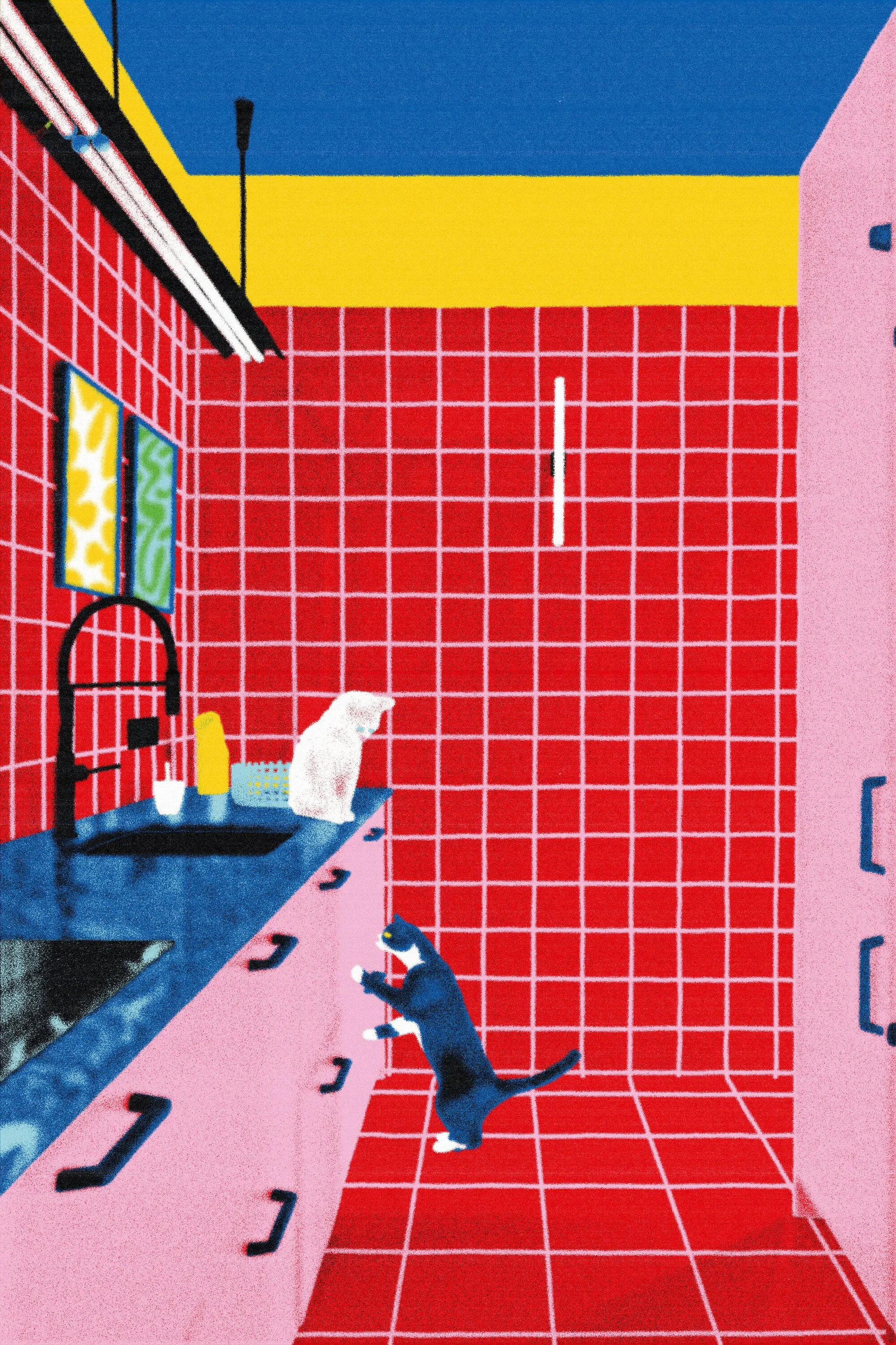A stylized illustration of a kitchen featuring red tiled walls and floors, light pink cabinets, and two cats near a dark countertop sink area.