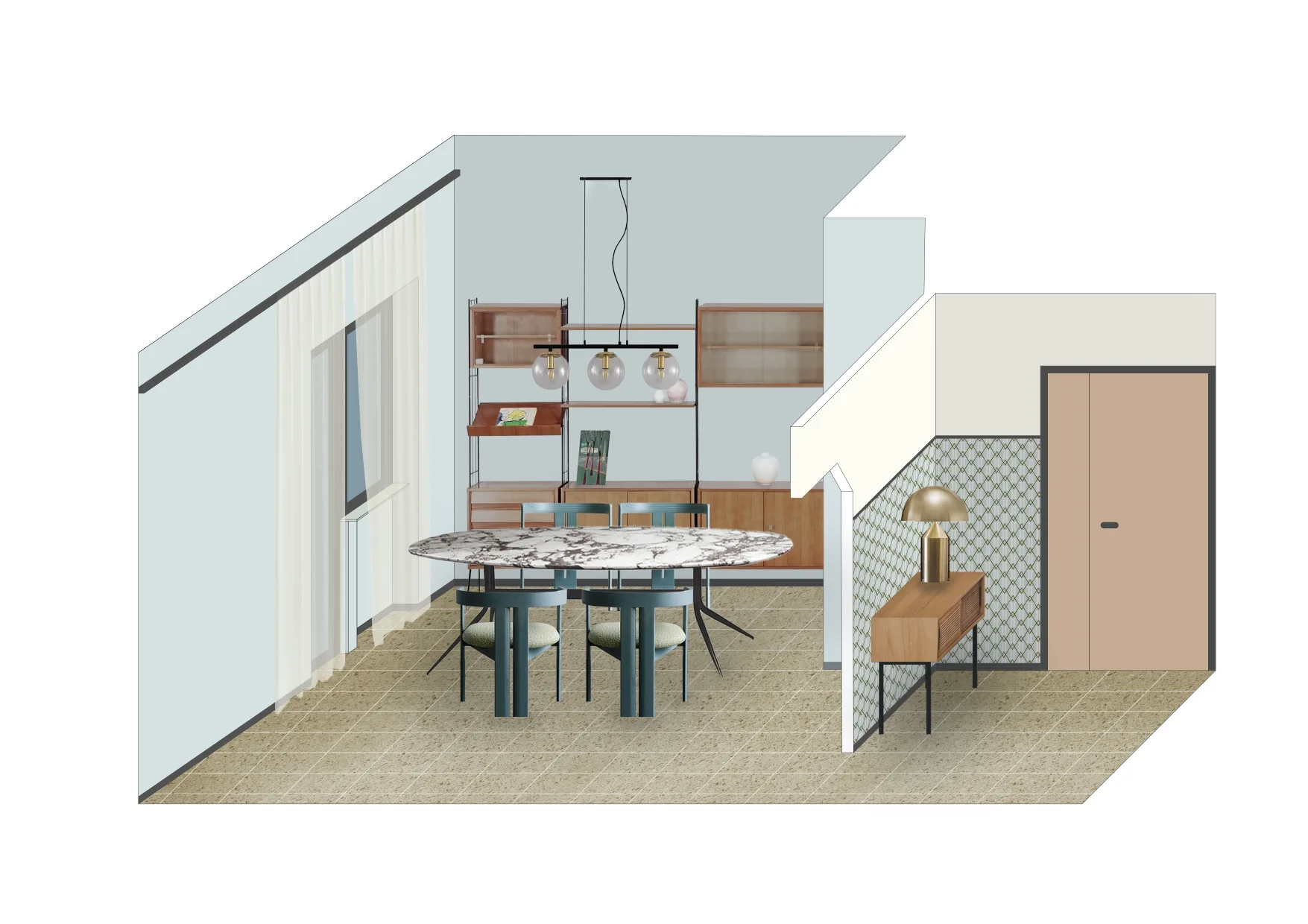 An isometric render of a dining room with an oval marbled table, blue chairs, modular shelving, and an adjacent wallpapered entryway.