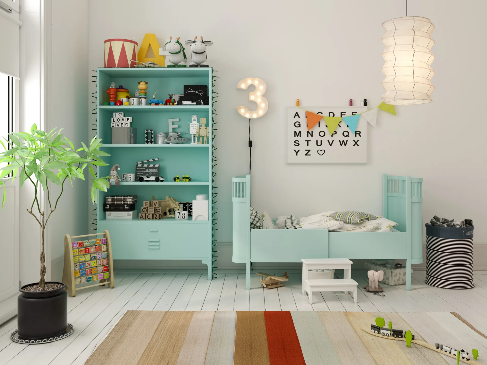 A children's bedroom features a light blue bed and matching bookshelf against white walls, with a striped rug and various toys.