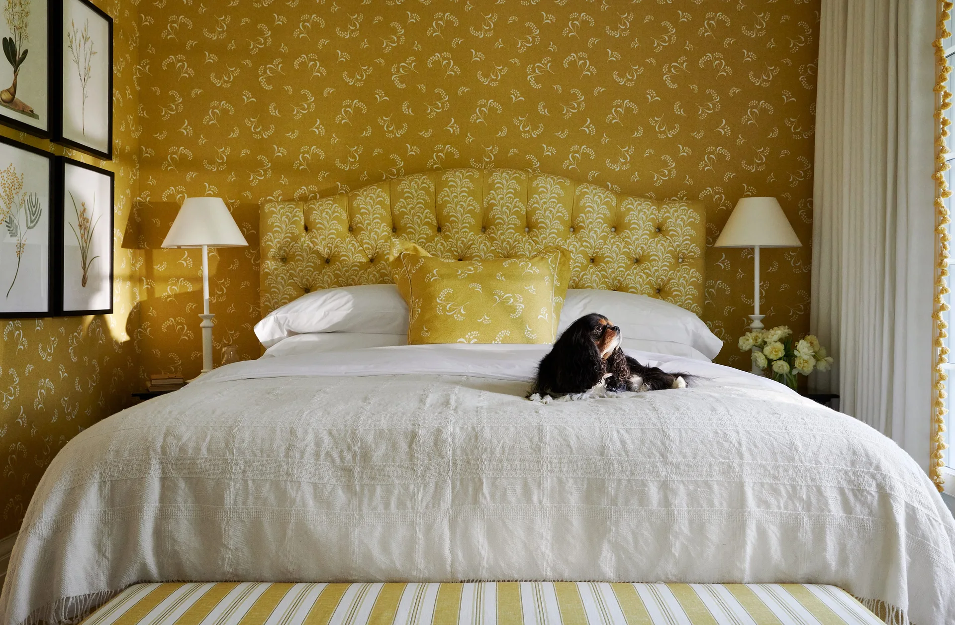 A bedroom featuring yellow floral wallpaper, a matching tufted headboard, white bedding, and a striped bench at the foot of the bed.