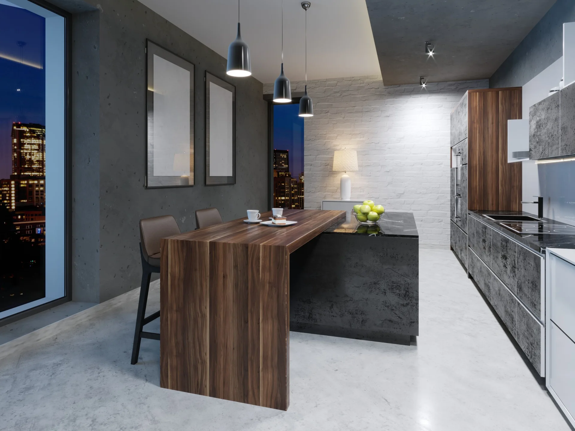 A modern kitchen features a dark stone island with an attached wood waterfall counter, dark cabinets, concrete walls, and a white brick wall.