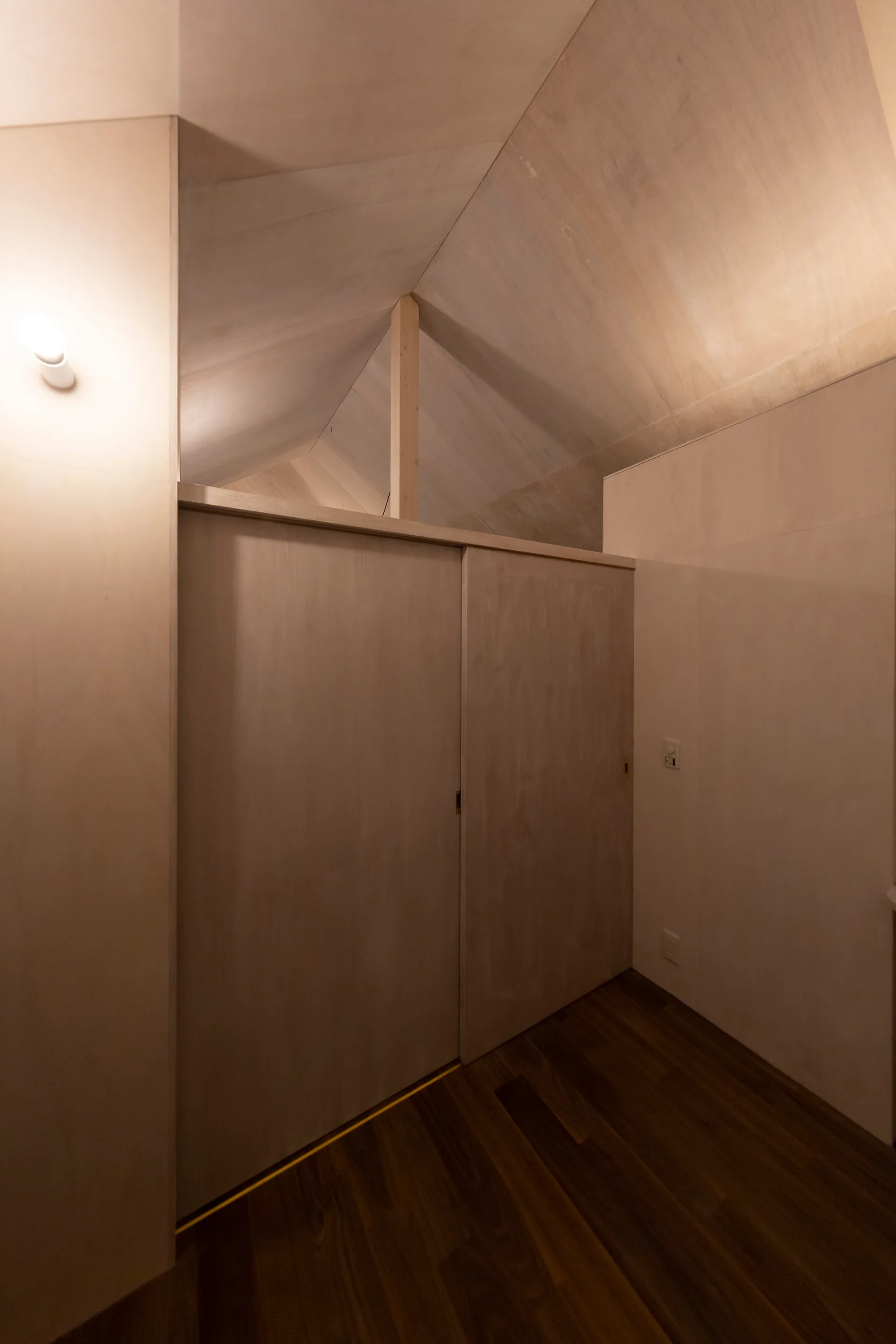A minimalist room featuring light-toned plywood wall panels, matching sliding doors, and a pitched ceiling over dark hardwood floors.