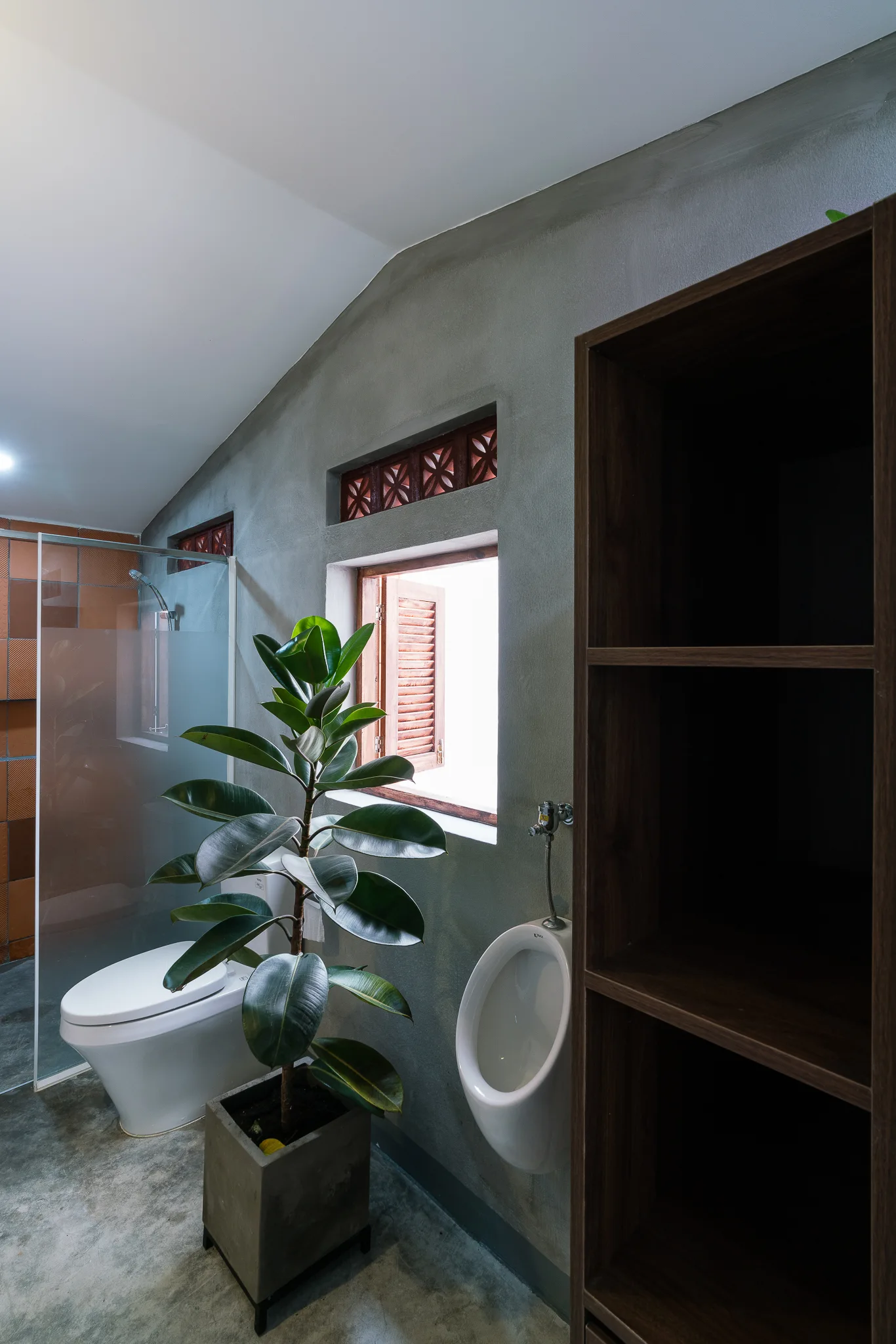 An industrial bathroom with concrete walls, a dark wood shelving unit, a white toilet and urinal, and a potted rubber plant.