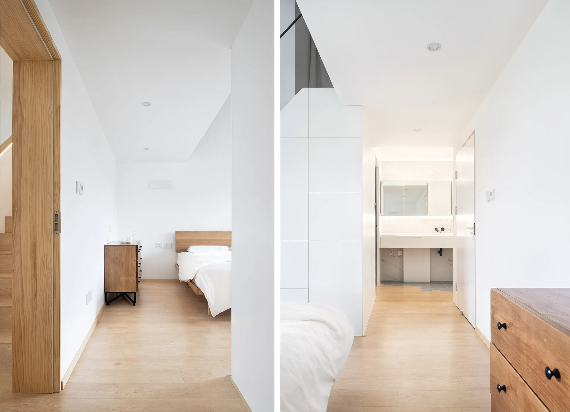 A split-view photo of a minimalist white bedroom with light wood flooring, a simple wooden bed, and a modern bathroom vanity in the background.