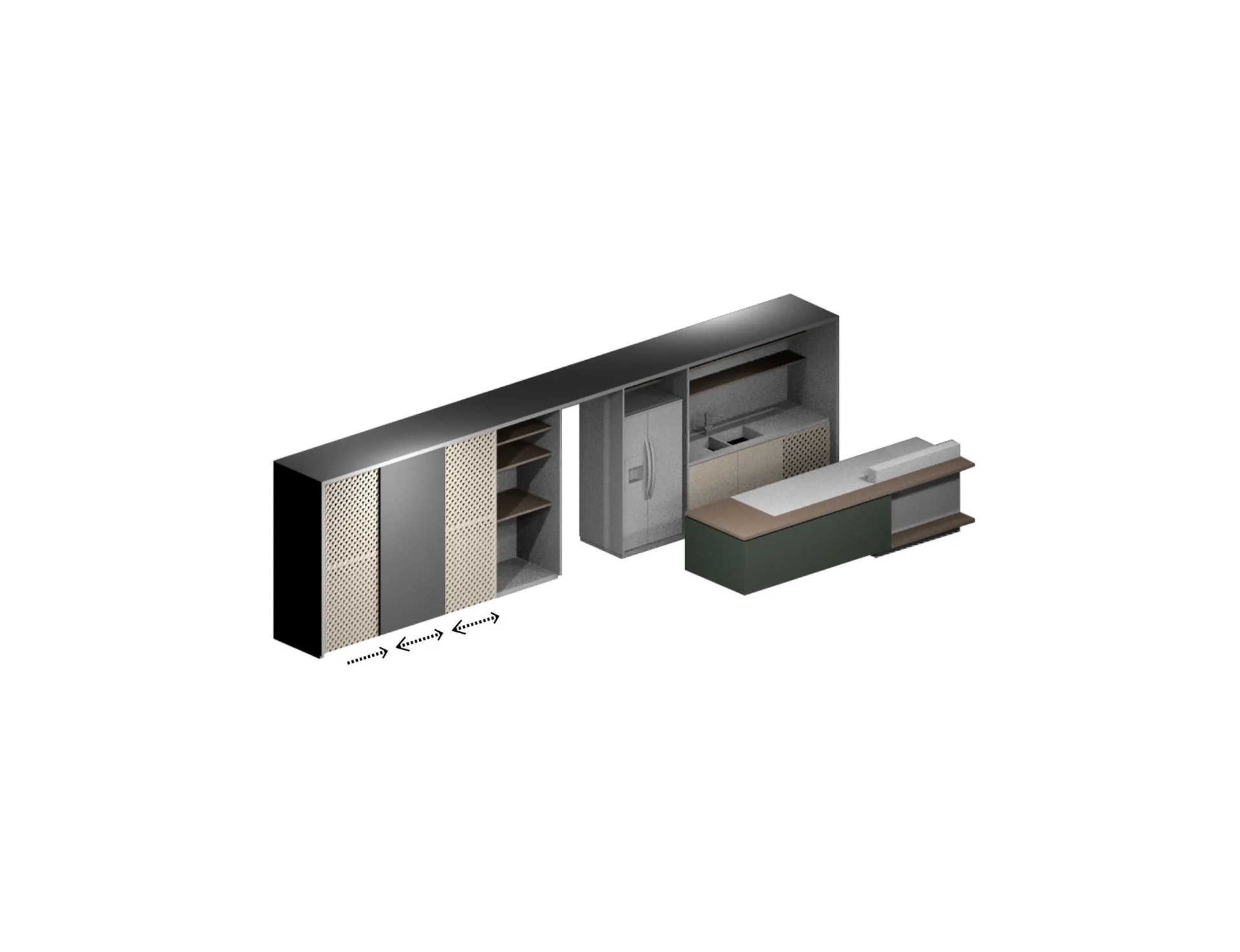A 3D isometric rendering of modular kitchen cabinets featuring cream perforated sliding doors, a built-in refrigerator, and a forest green island.