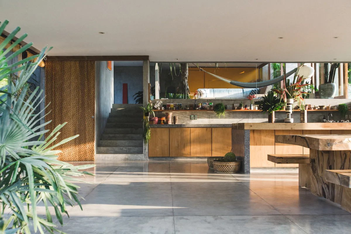 A split-level tropical modern interior features polished concrete floors, a patterned wooden sliding door, and a raw edge wood dining table.