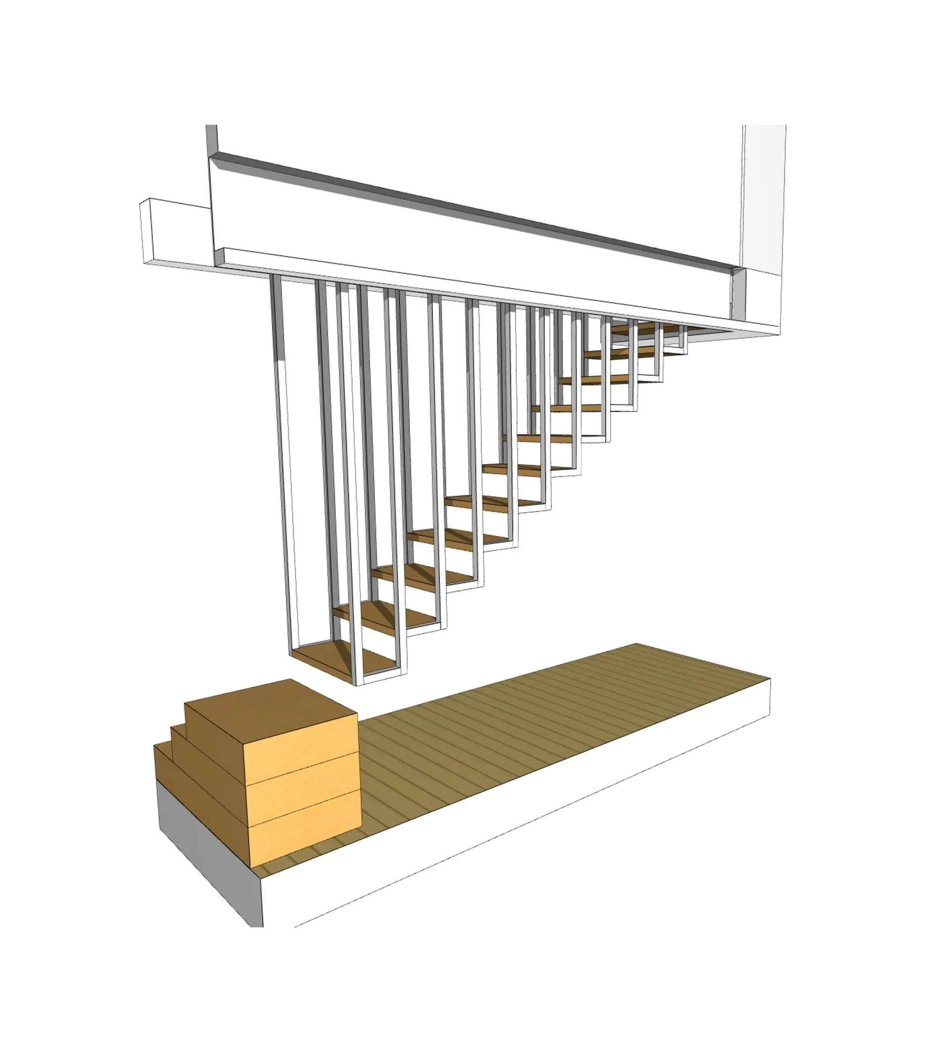 A 3D architectural rendering of a minimalist floating staircase with wood-toned treads and suspended white vertical metal railings.