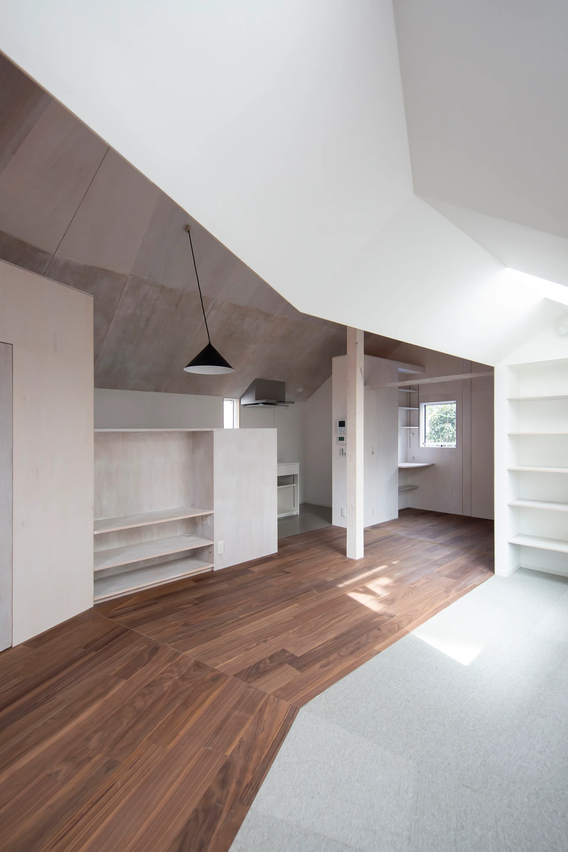 A minimalist open-plan room with dark wood flooring, light plywood walls, built-in shelves, and a high asymmetrical vaulted white ceiling.