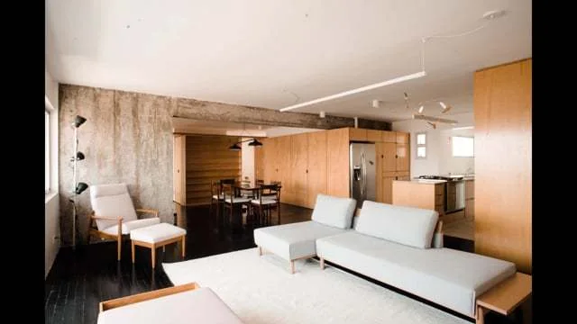 An open living room features a low-profile grey sectional sofa, an exposed concrete wall, and floor-to-ceiling plywood cabinetry.