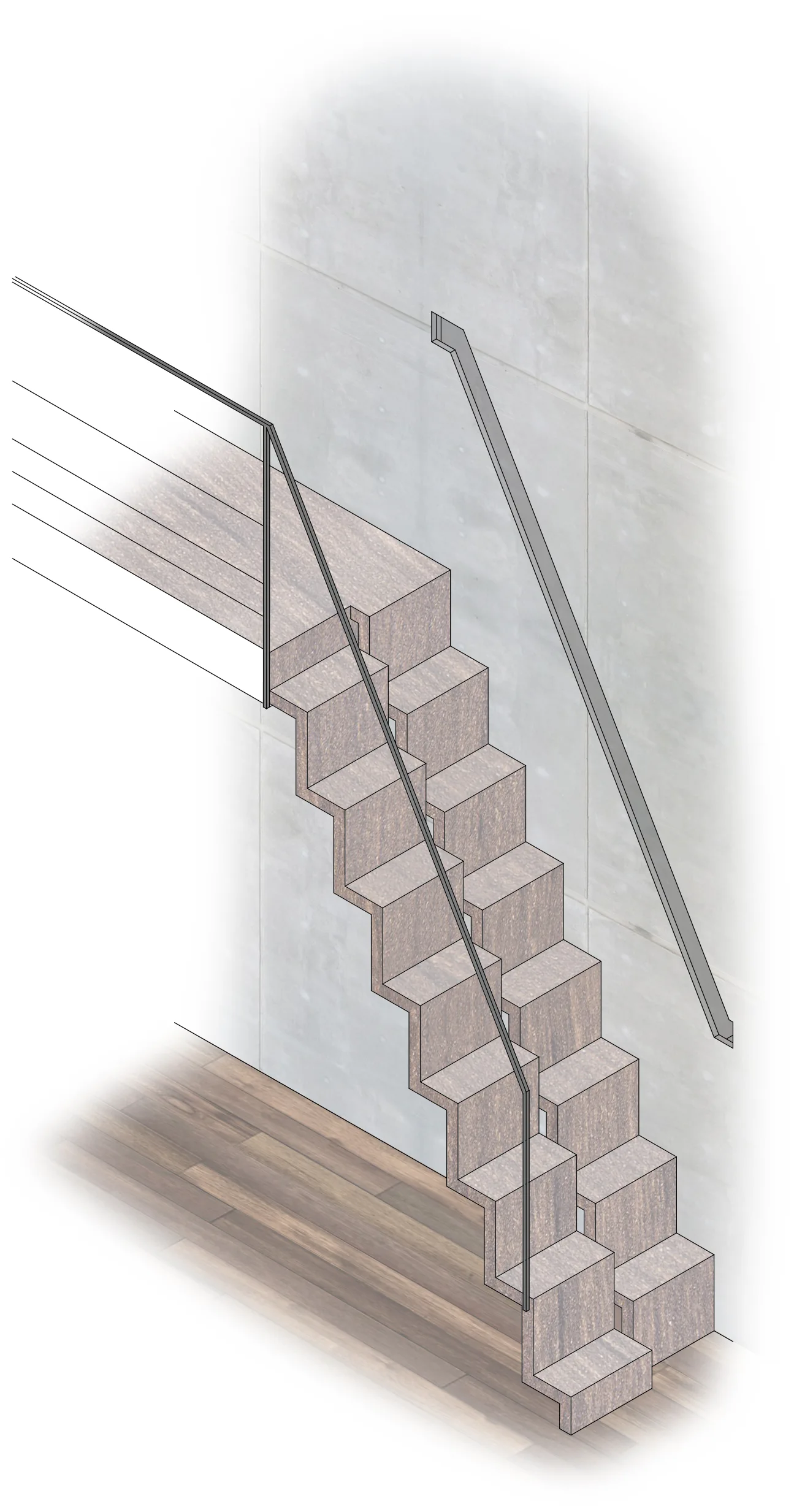 An architectural render of a minimalist floating staircase with wood-toned block treads, a thin metal railing, and a gray concrete-tiled wall.