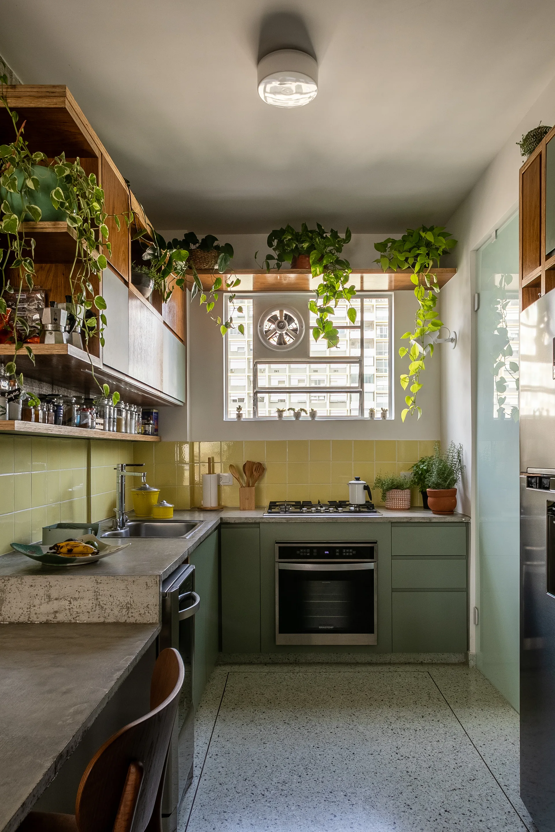 A small kitchen features sage green lower cabinets, concrete countertops, a yellow tiled backsplash, and wooden shelves holding trailing plants.
