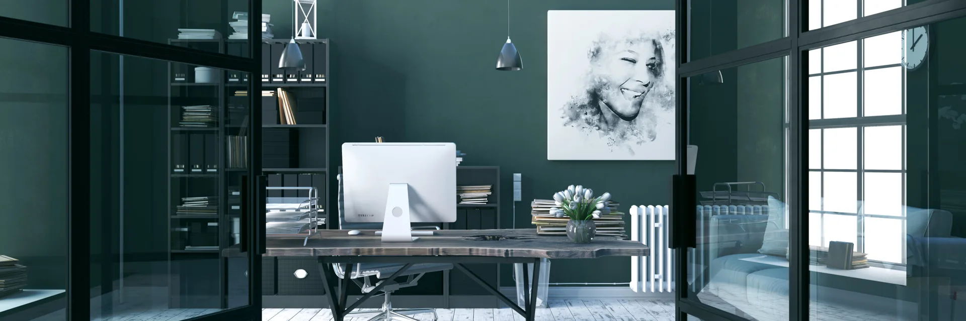 A dark teal home office with a live-edge wooden desk, black shelving, and black-framed glass partition doors.