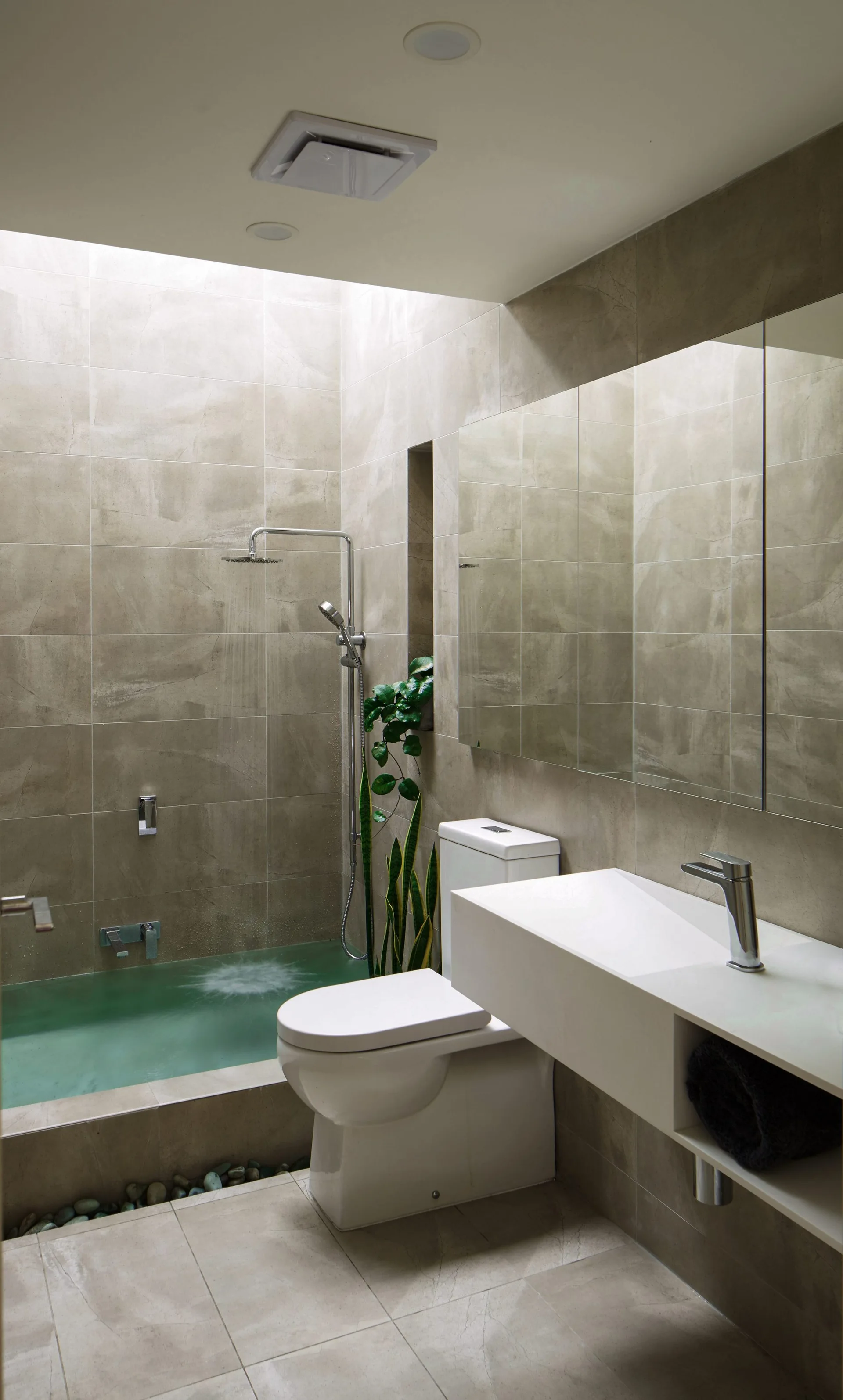 A modern neutral-toned bathroom featuring a sunken tiled shower area beneath a skylight, a white toilet, and a floating vanity basin.