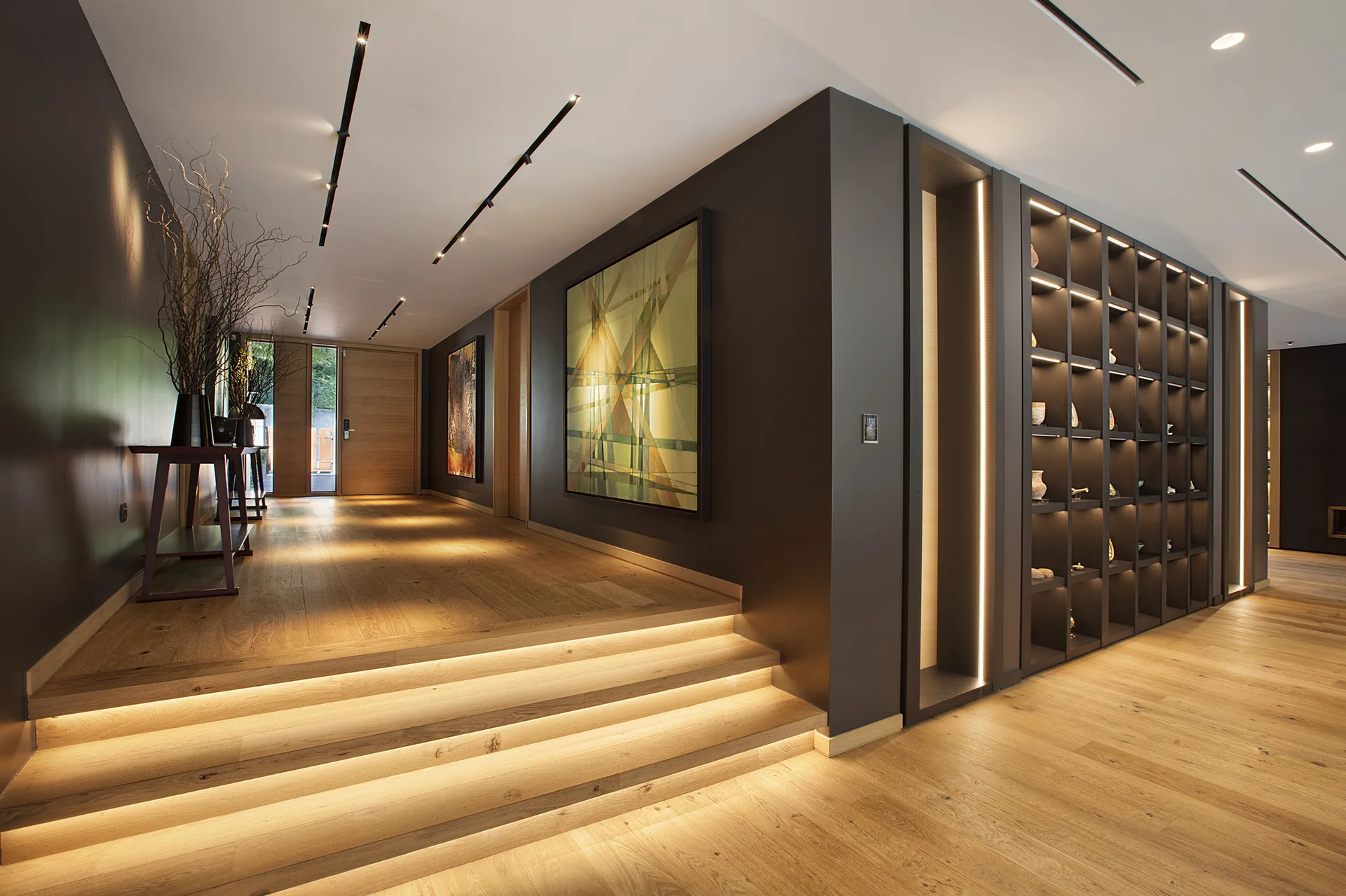 A modern entryway features wood flooring, a staircase with under-step LED lighting, charcoal gray walls, and built-in display shelving.