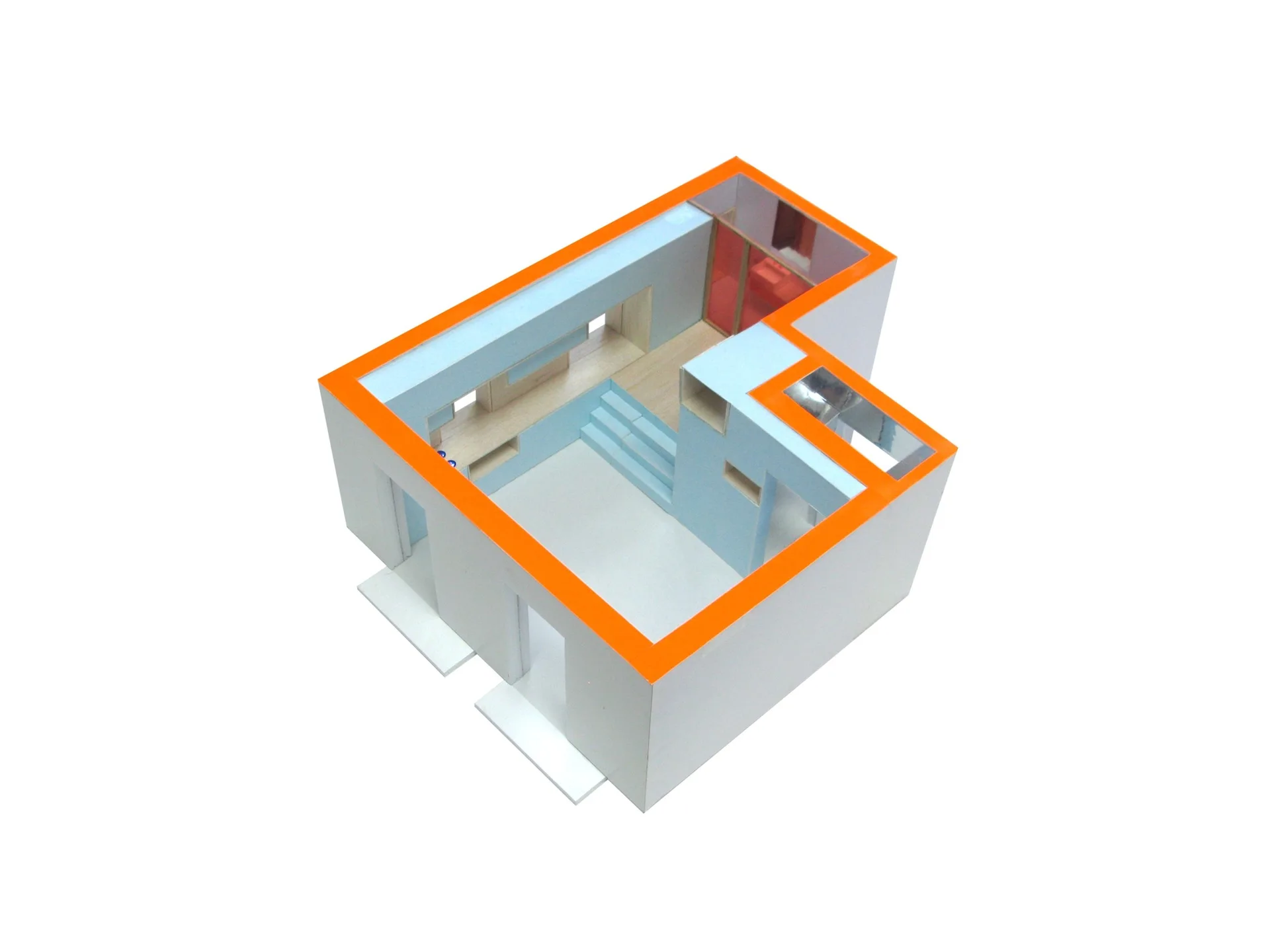 An architectural scale model of a split-level apartment with light blue walls, wood floors, and bright orange structural trim.