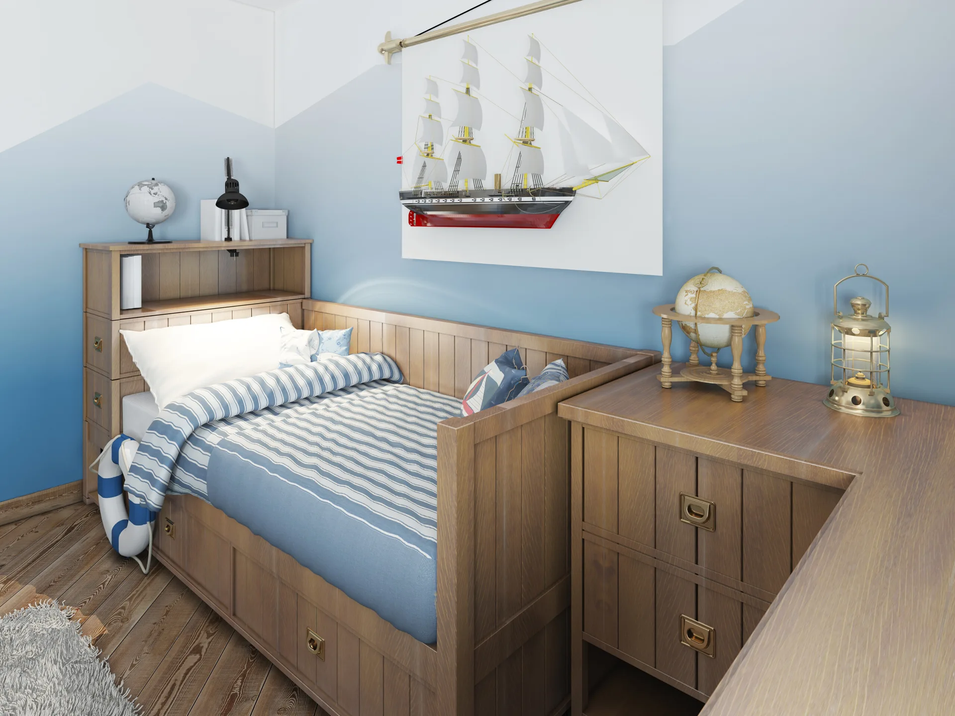 A nautical-themed kids bedroom featuring a wooden built-in daybed with striped bedding, blue ombre walls, and a model sailboat hanging above.