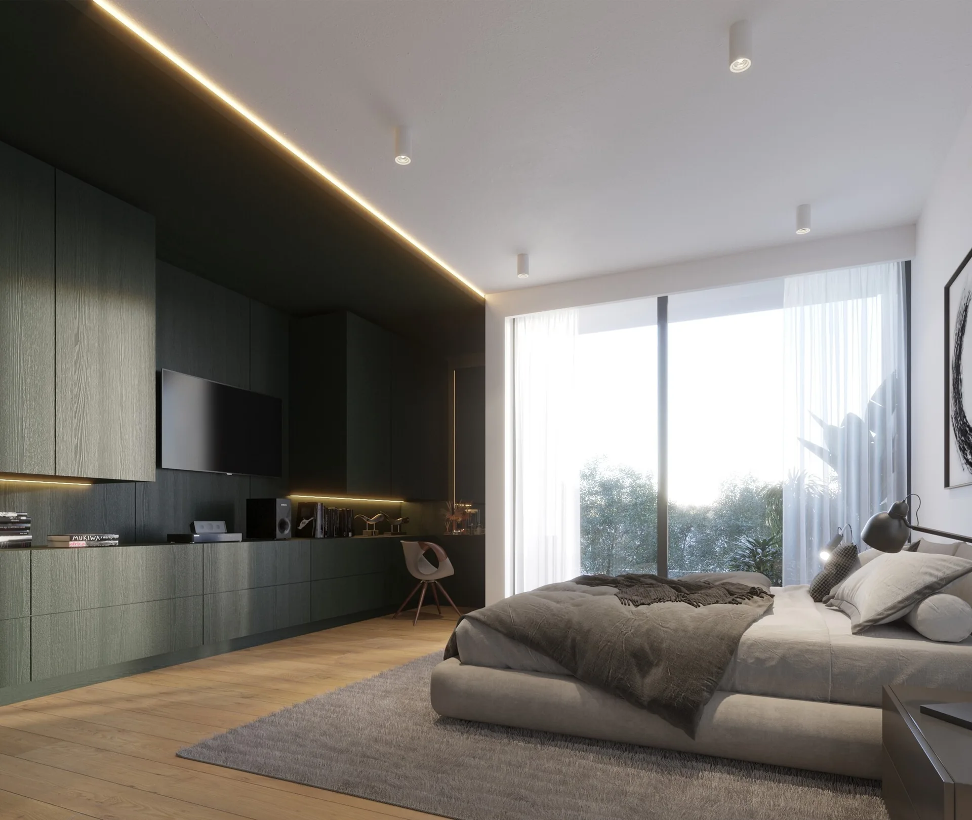 A contemporary bedroom features a low upholstered bed, light oak flooring, and a dark wood-paneled media wall with integrated led lighting.