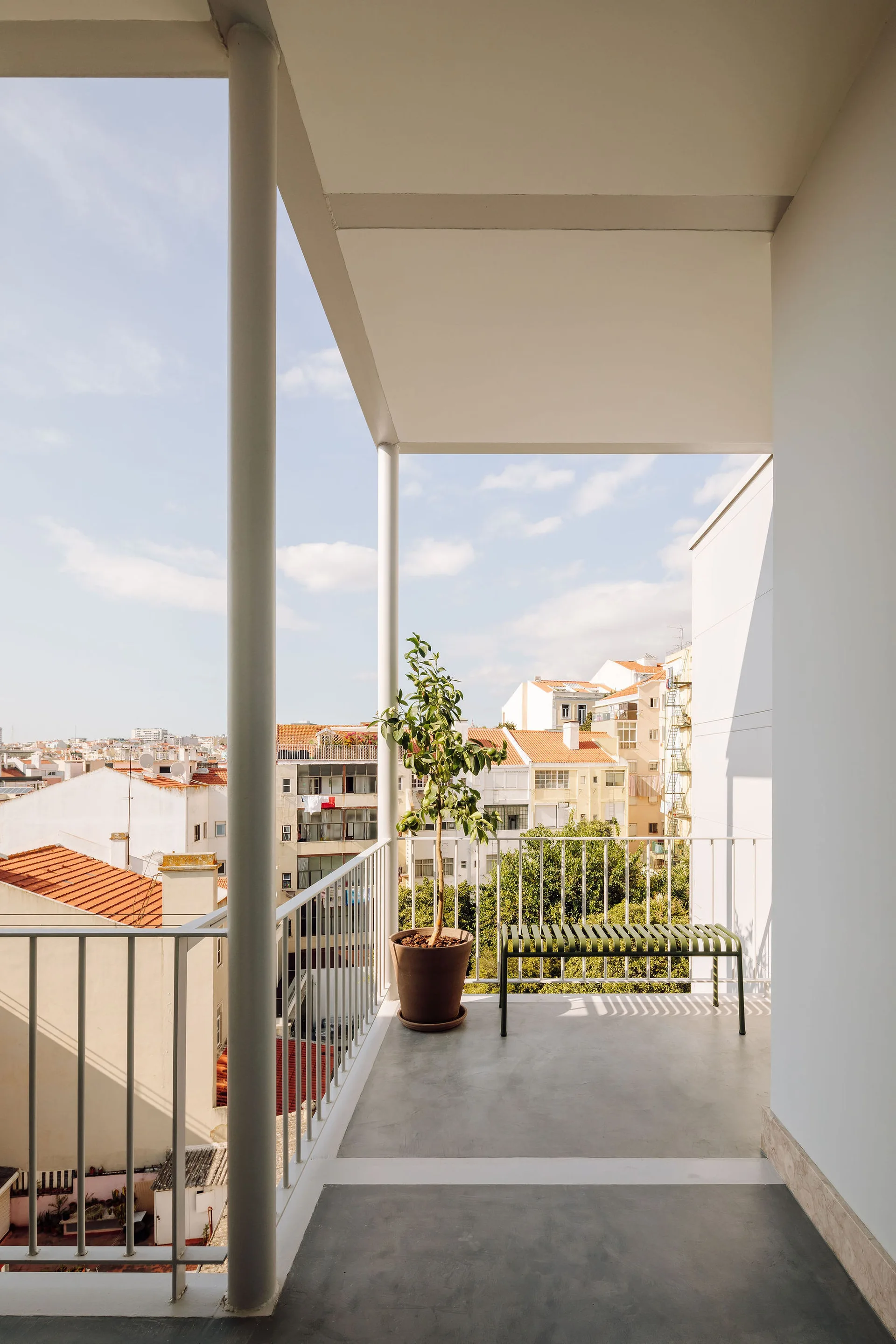A minimalist white balcony features a green metal slatted bench and a green plant in a terracotta pot with an urban cityscape in the background.